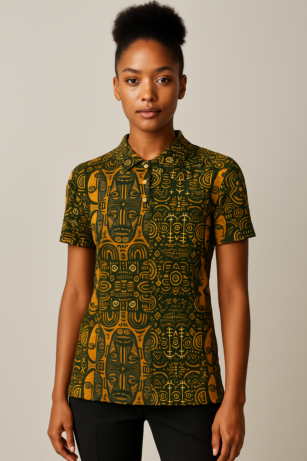 Collection Rituels Solaires. Polo de luxe imprimé all-over avec motifs solaires et ethniques en tons or et vert profond, coupe cintrée et élégante.