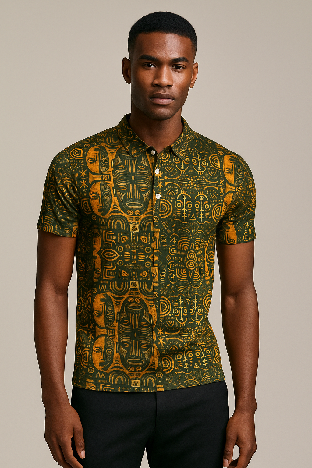 Collection Rituels Solaires. Polo de luxe imprimé all-over avec motifs solaires et ethniques en tons or et vert profond, coupe cintrée et élégante.
