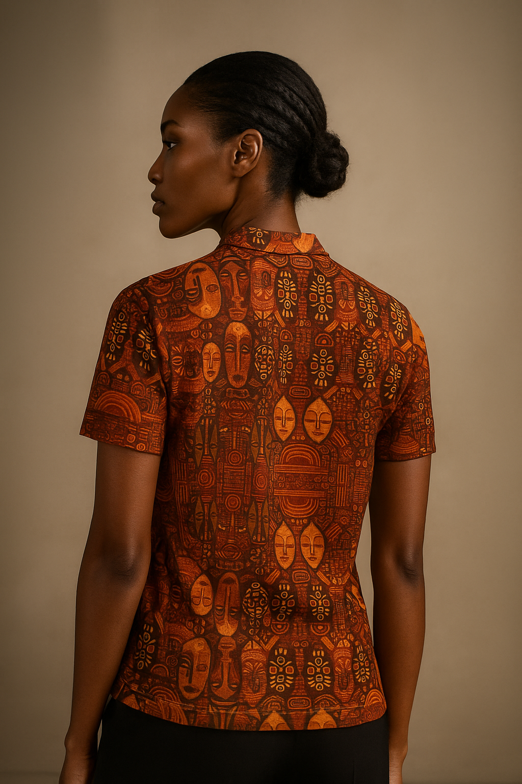 Modèle femme portant le Polo Ndaïa, dos visible, coupe cintrée et imprimé solaire inspiré de masques rituels africains, studio photo luxe.