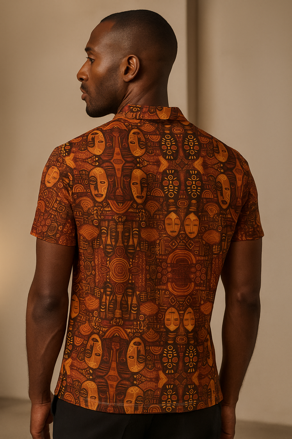 Modèle homme de dos en Polo Ndaïa, motifs ethniques et solaires sur fond brun orangé, studio photo professionnel au style élégant.