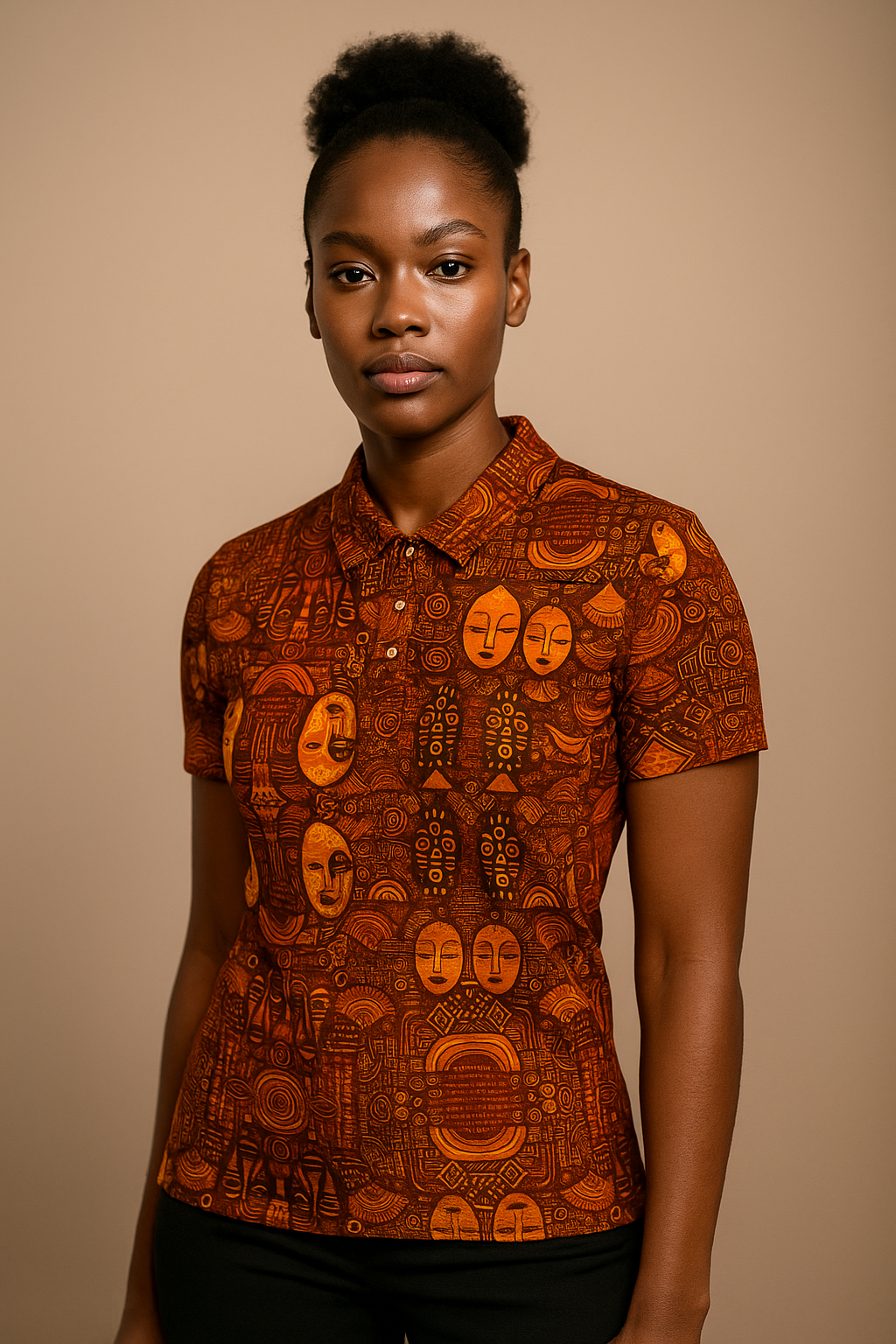 Modèle femme de face portant le Polo Ndaïa, coupe cintrée élégante, imprimé solaire aux masques rituels, studio photo au rendu premium.
