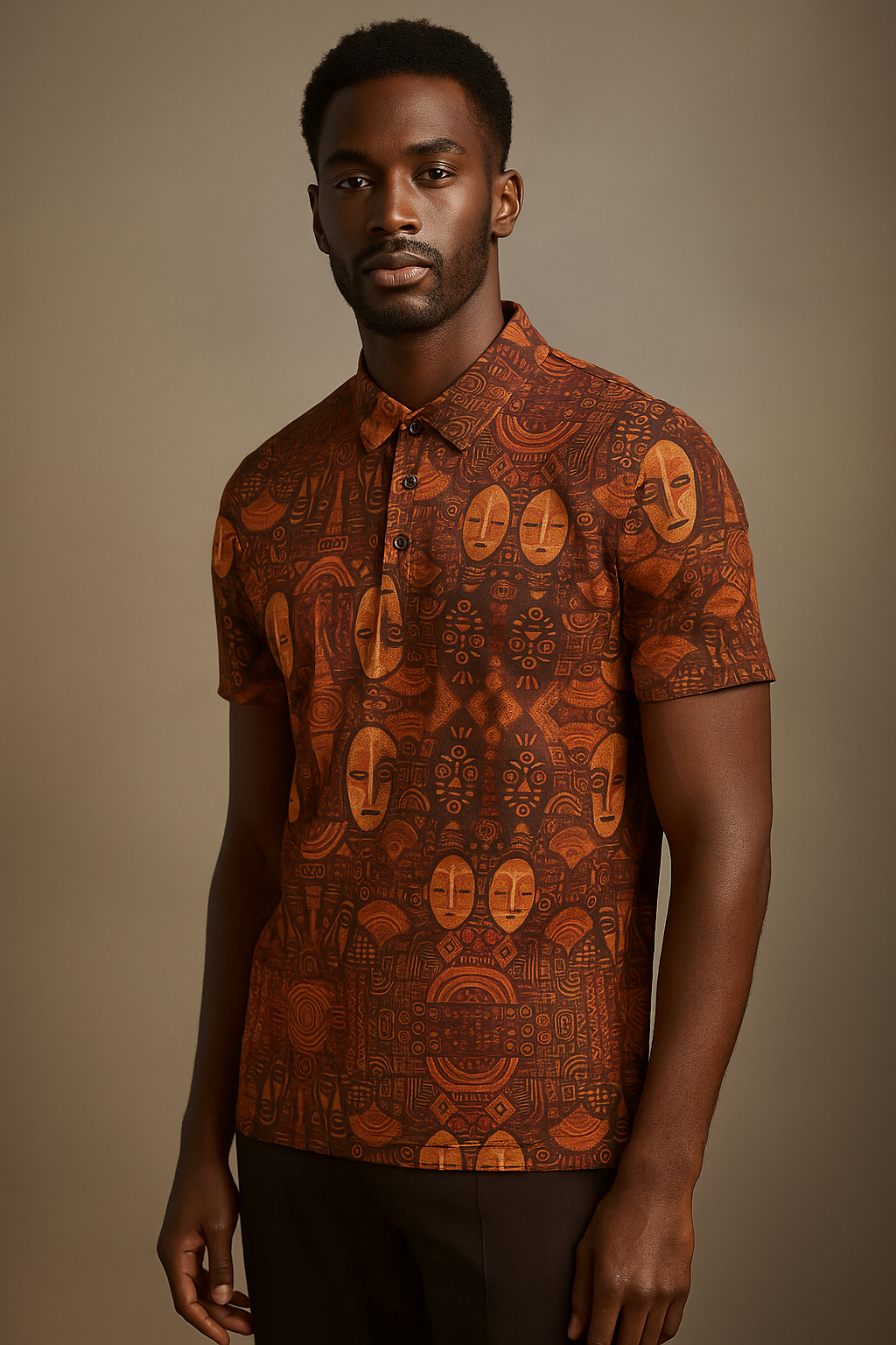Modèle homme en Polo Ndaïa, coupe slim fit et imprimé solaire inspiré de l’art africain, studio photo de luxe avec lumière chaude.