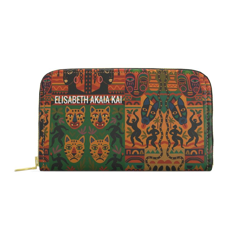 Vue avant du portefeuille Nzinga avec logo Élisabeth Akaïa Kaï, motifs félins et symboles africains, maroquinerie femme luxe.