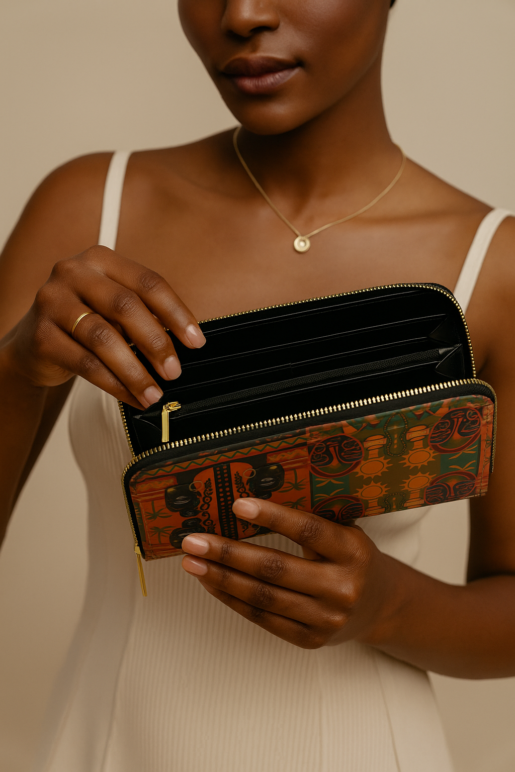 Femme afro élégante ouvrant le portefeuille Nzinga, compagnon zippé afro luxe avec compartiments pratiques.