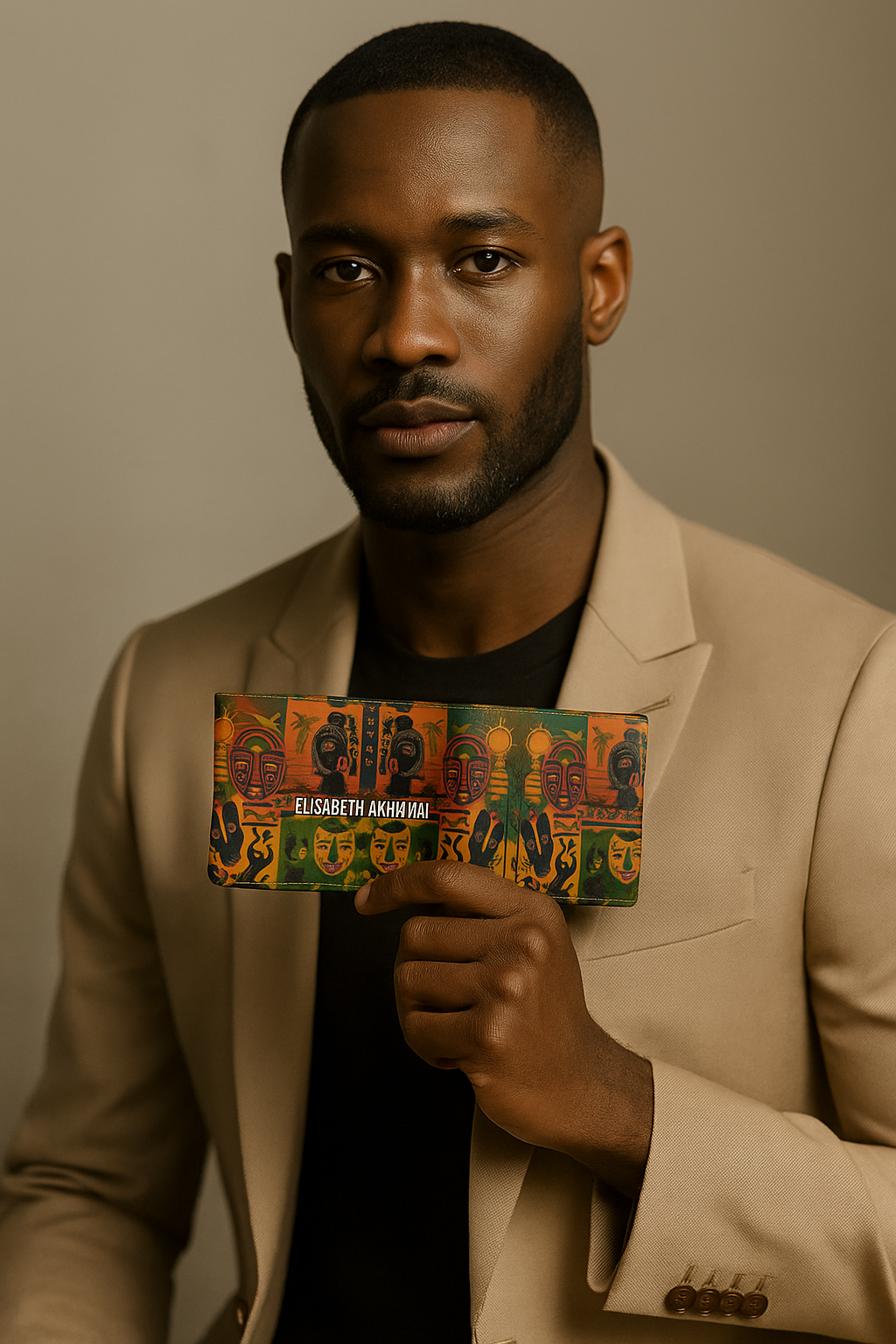 Photographie en studio d’un homme afro élégant en costume beige tenant le portefeuille Nzinga fermé, mettant en valeur son imprimé artistique afro et son design luxe.