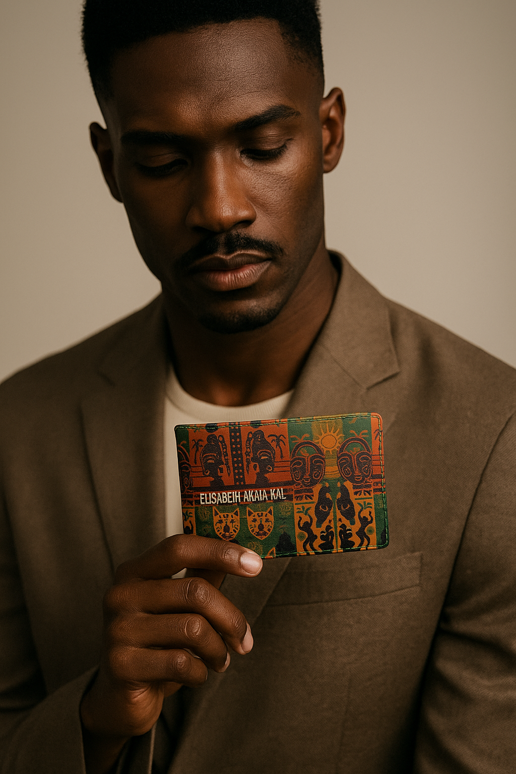 Homme afro élégant posant en studio, tenant le portefeuille Nzinga fermé. L’imprimé culturel et coloré se détache sur le fond neutre, symbole de luxe contemporain.