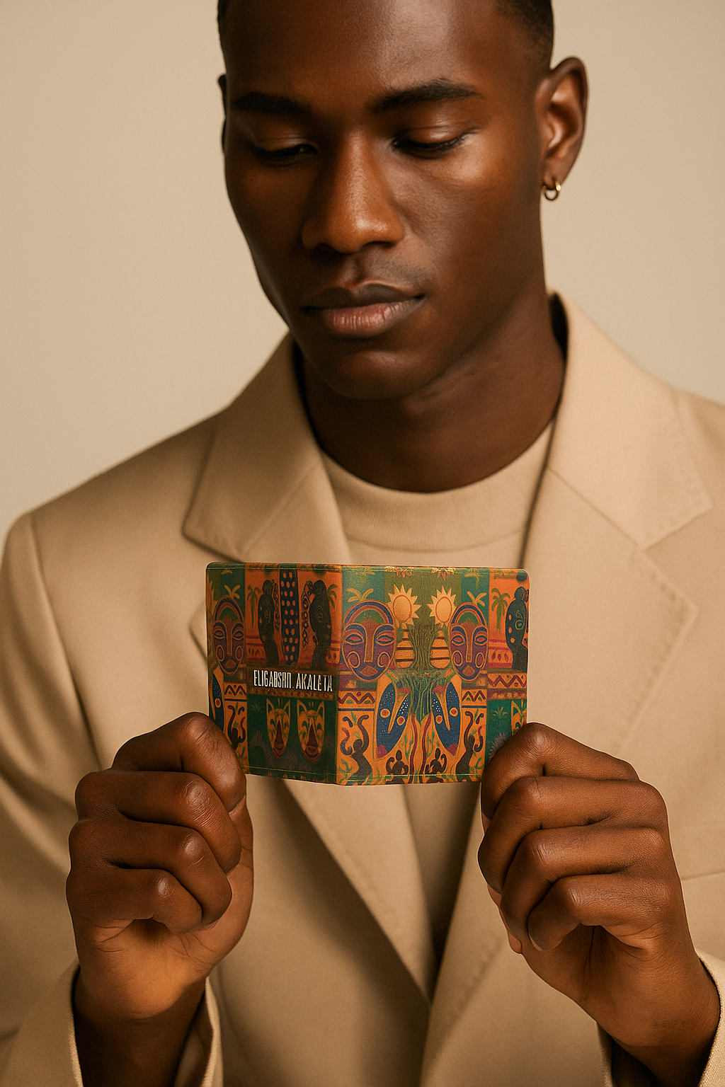 Photographie studio d’un homme afro habillé d’un blazer brun, tenant le portefeuille Nzinga fermé. L’accessoire révèle ses motifs afro artistiques et son allure prestigieuse.