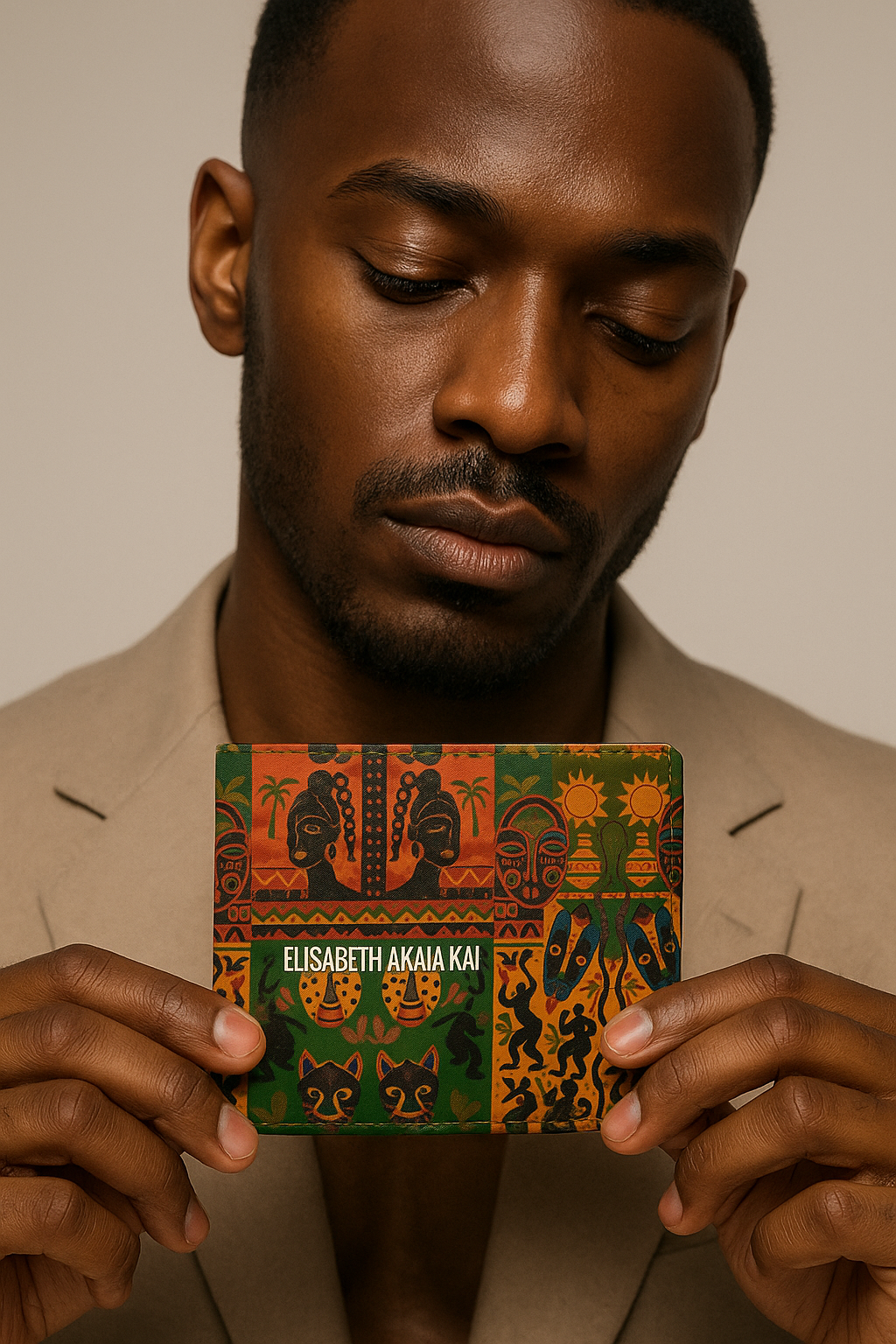 Gros plan d’un homme afro raffiné présentant le portefeuille Nzinga fermé, avec ses motifs vibrants inspirés de l’art africain et son style haut de gamme.