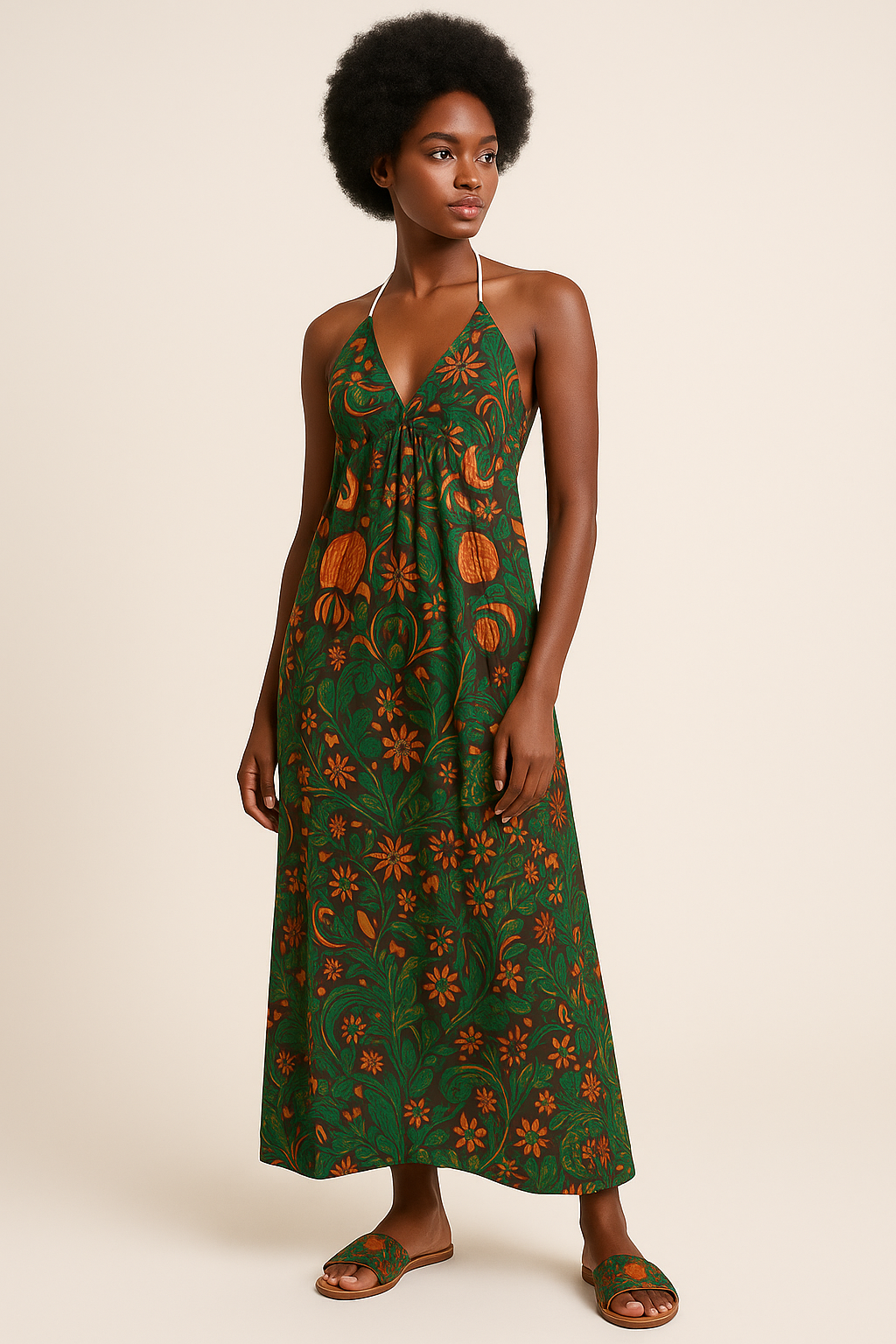 Mannequin afro portant une robe longue verte à imprimés ethniques orange et dorés, coupe fluide et élégante, création exclusive Élisabeth Akaïa Kaï – mode afro-luxe éthique et artistique.