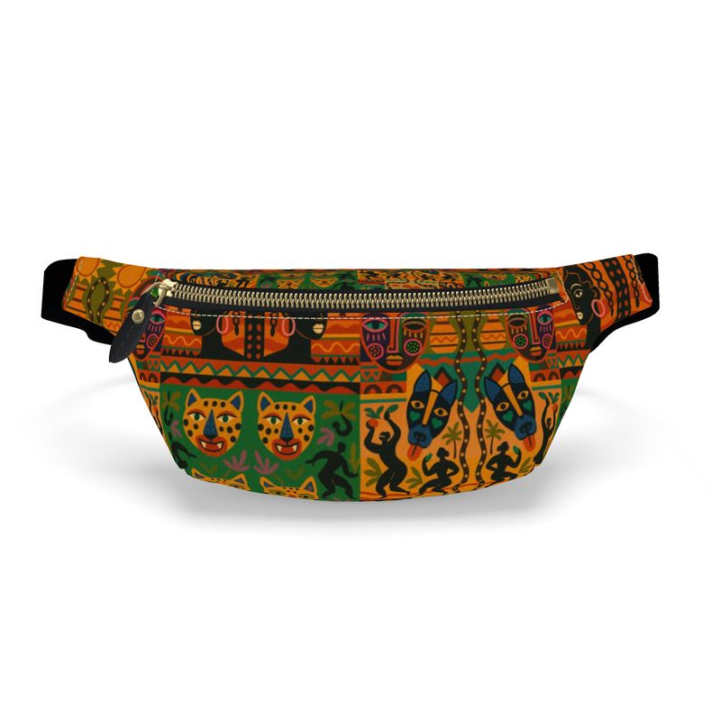 Vue frontale du sac banane Nzinga en cuir véritable, imprimé afro multicolore avec motifs félins et masques africains, fond neutre clair pour mise en avant e-commerce.