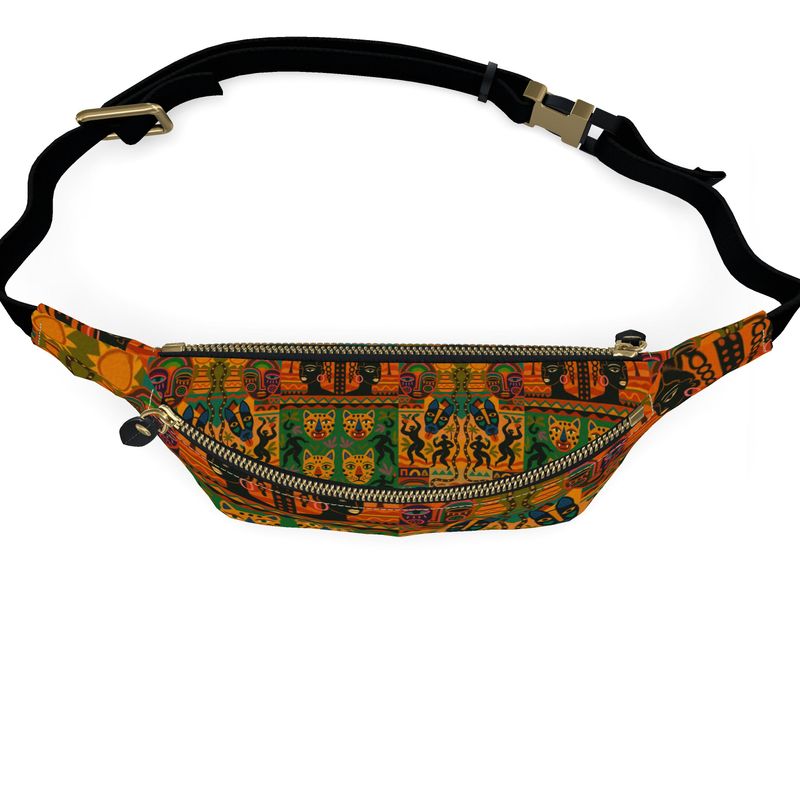 Vue e-commerce du sac banane Nzinga en cuir premium avec imprimés afro artistiques orange et vert, sur fond neutre blanc, montrant sa forme et son design unique.