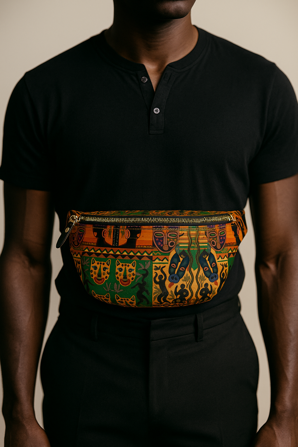 Mode afro luxe : homme afro élégant portant le sac banane Nzinga aux imprimés vibrants africains, photographié en studio avec une tenue noire épurée, accessoire centré sur la silhouette.