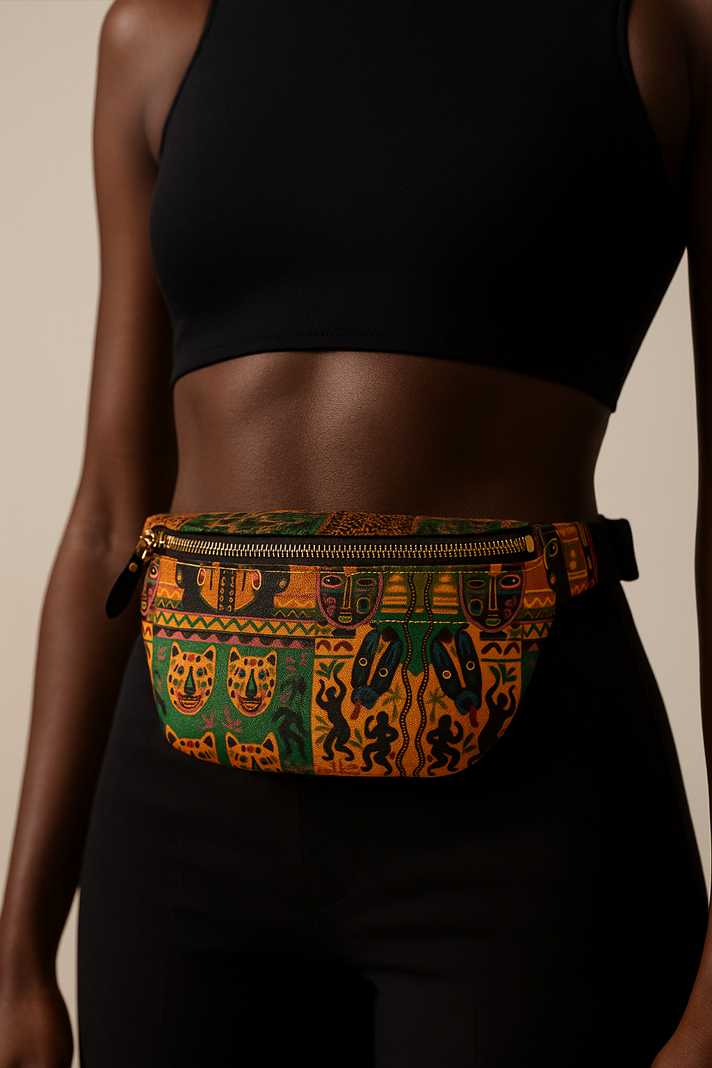 Photographie mode afro luxe d’une femme afro portant le sac banane Nzinga en cuir véritable, imprimé artistique aux motifs africains orange, vert et noir, mis en avant dans un studio sobre et élégant.