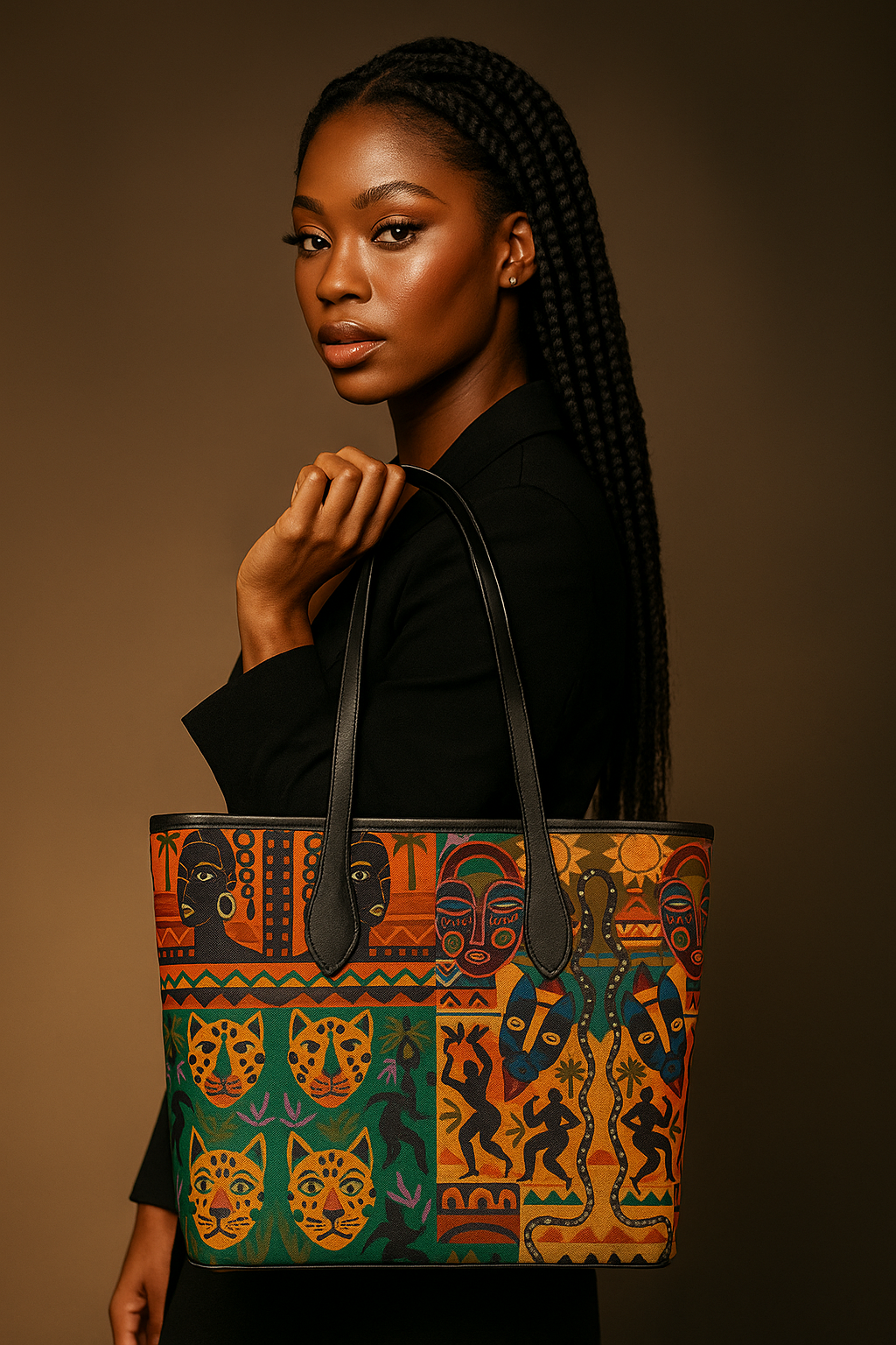 Mannequin afro sophistiquée tenant un sac cabas Élisabeth Akaïa Kaï orné de motifs artistiques afro-inspirés, photographie en studio sur fond neutre, ambiance mode luxe.