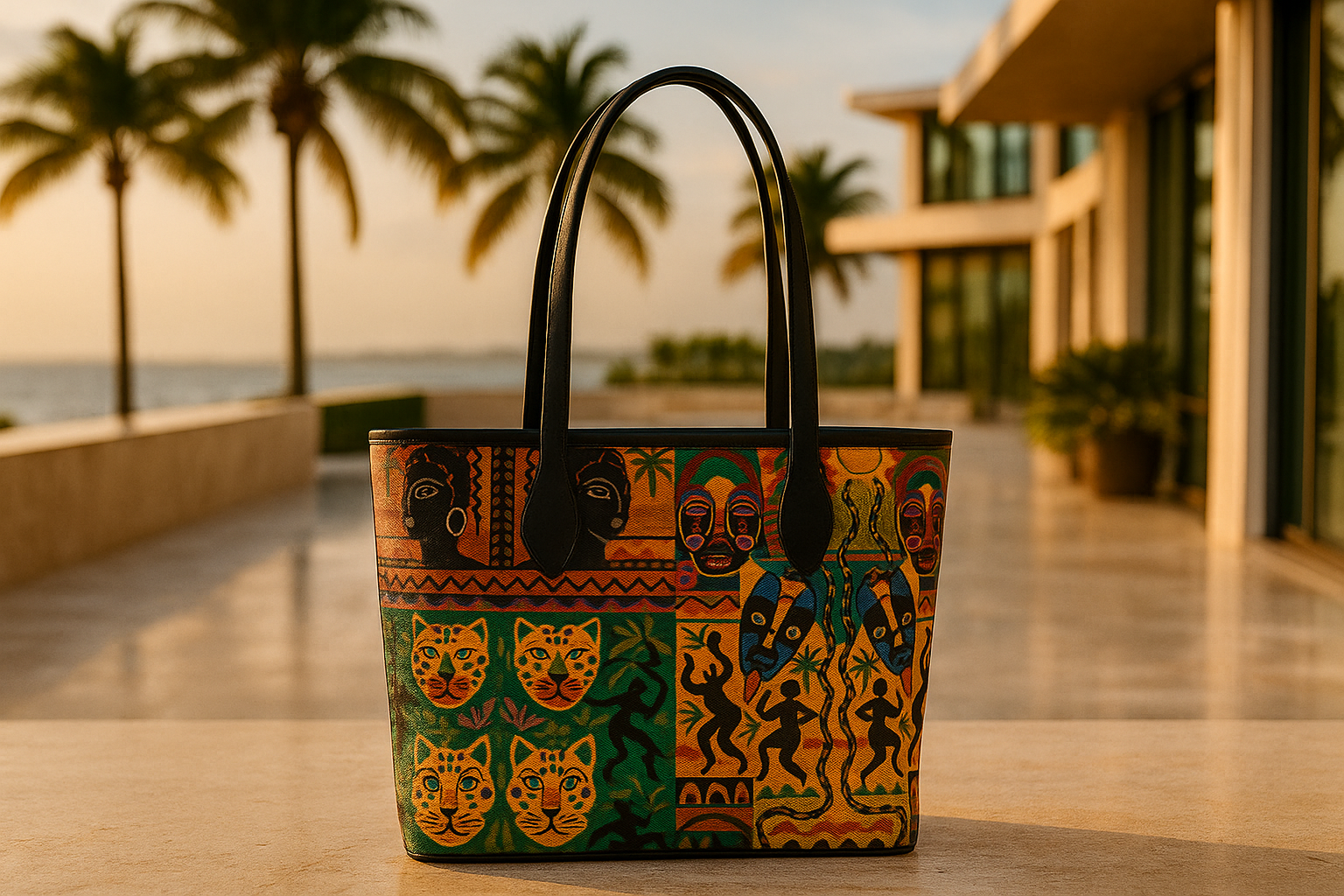 Sac cabas de luxe Élisabeth Akaïa Kaï aux imprimés afro artistiques et multiculturels, motifs félins et masques africains, accessoire de mode afro-luxe exclusif inspiré du Gabon et de la Méditerranée, parfait pour une clientèle africaine et internationale en quête d’élégance et d’authenticité.