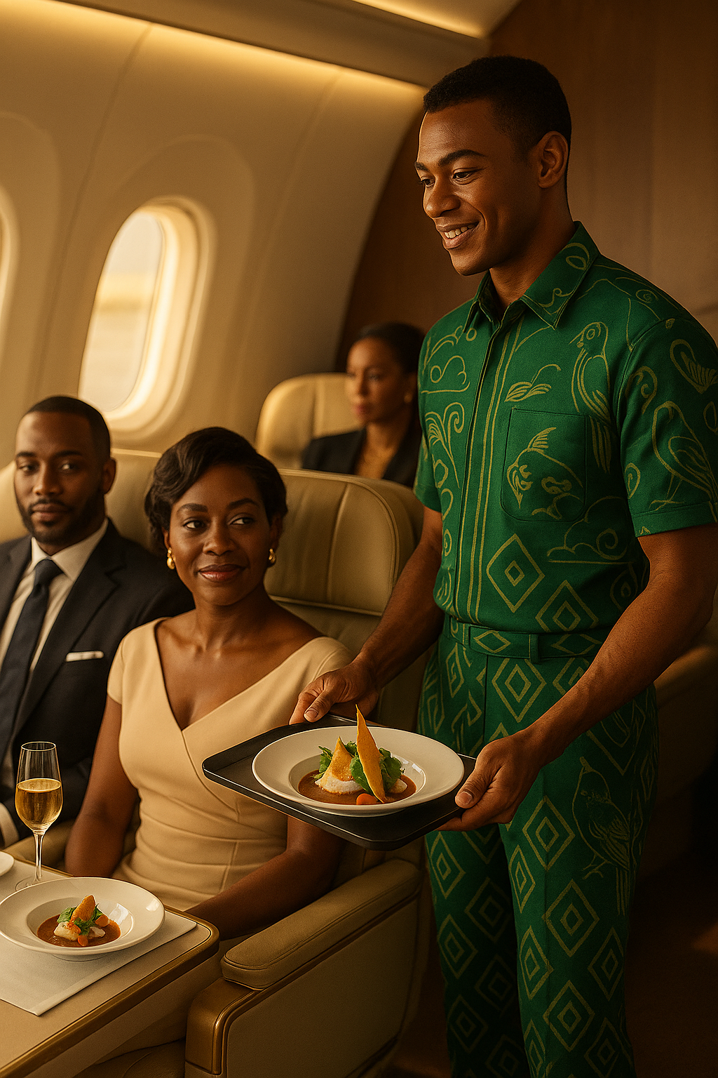 Un steward souriant en uniforme vert à motifs dorés sert un plat raffiné à une passagère élégante en première classe. La scène met en valeur l’excellence du service, le confort de la cabine et le raffinement culinaire de la compagnie aérienne Fly Gabon.