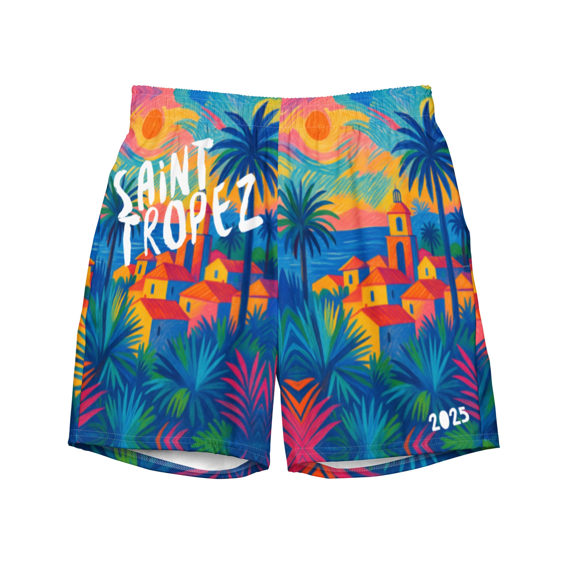 Short de bain homme coloré avec imprimé Saint-Tropez, motif French Riviera, de la marque Elisabeth Akaia Kai