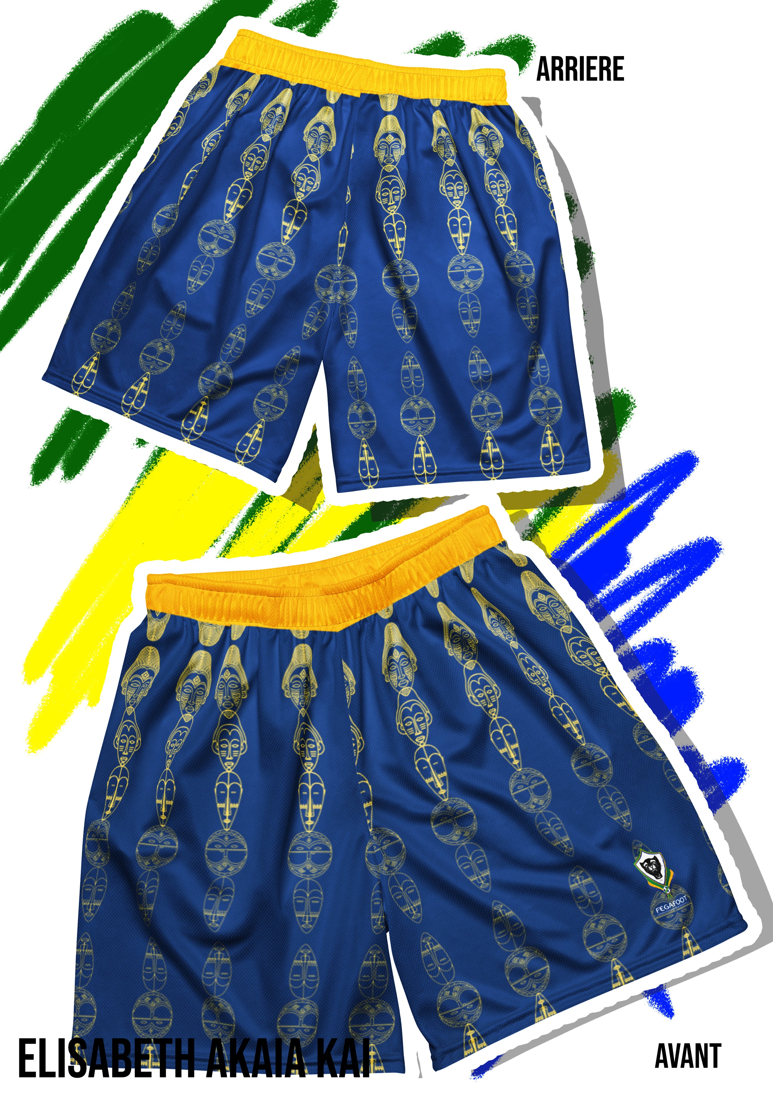 Montage présentant le short bleu du maillot officiel du Gabon conçu par la marque Élisabeth Akaïa Kaï. L’avant et l’arrière du vêtement sont visibles, décorés de motifs dorés inspirés des masques traditionnels gabonais, avec une ceinture jaune symbolisant la lumière et l’énergie. Le fond artistique reprend les couleurs du drapeau gabonais — vert, jaune et bleu — pour évoquer l’unité nationale et la fierté culturelle.