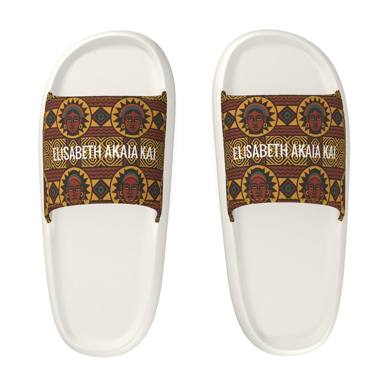 Sliders Kaya Lumina en cuir Nappa, claquettes afro luxe avec imprimé artistique africain solaire, signées Élisabeth Akaïa Kaï