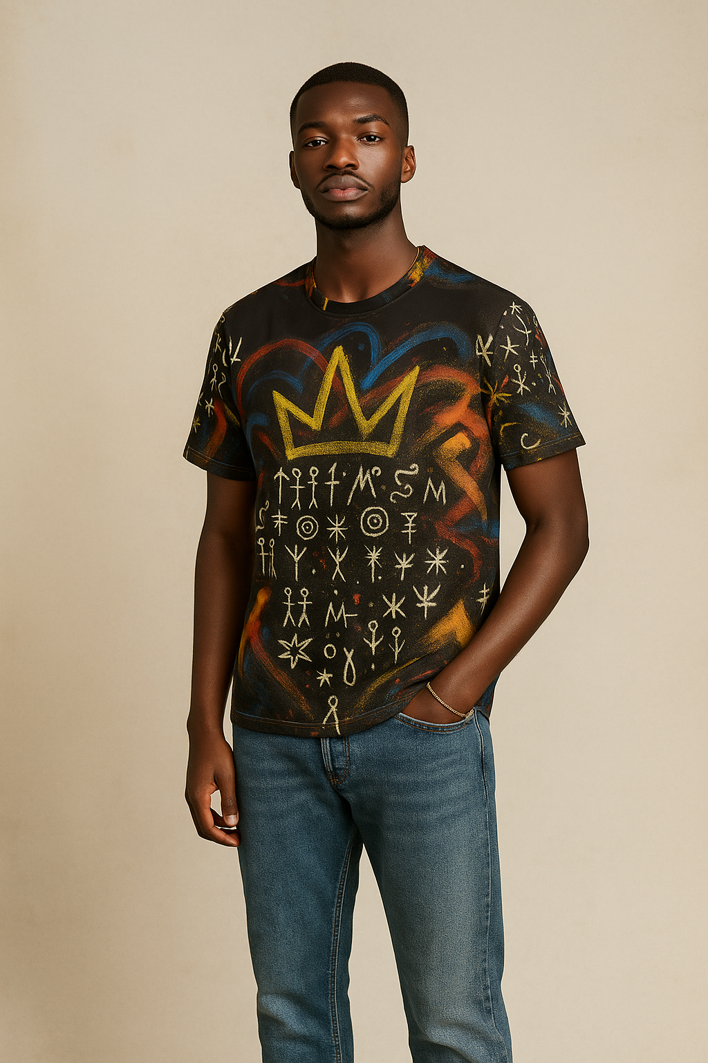 Portrait mode d’un homme afro portant le t-shirt Miengo Sekiani vu de face. Le motif présente une grande couronne dorée entourée de signes bantugraphiques, sur fond noir et touches rouge-orangé. Jeans et style sobre pour un look afro-luxe moderne.