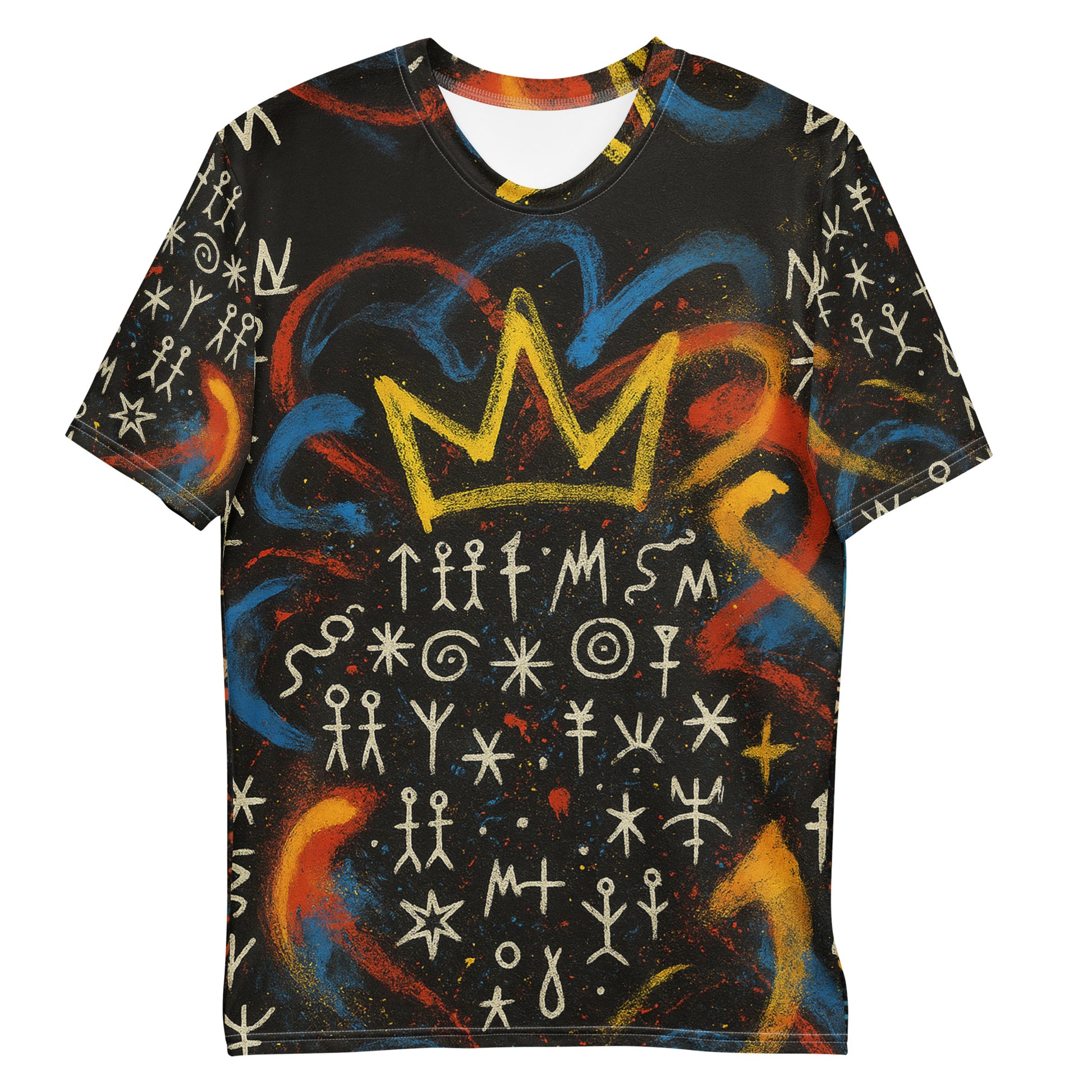 T-shirt Miengo Sekiani vu de face, imprimé artistique inspiré de la Bantugraphie gabonaise. Coupe mixte, tissu premium au toucher coton, reflet du luxe afro-contemporain signé Élisabeth Akaïa Kaï.