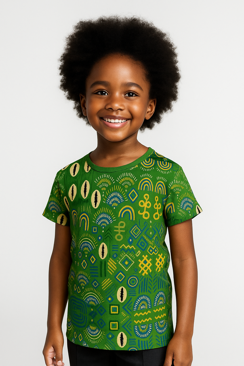 Enfant afro aux cheveux naturels portant le t-shirt Mwana, avec motifs afro contemporains verts et jaunes, sur fond neutre.