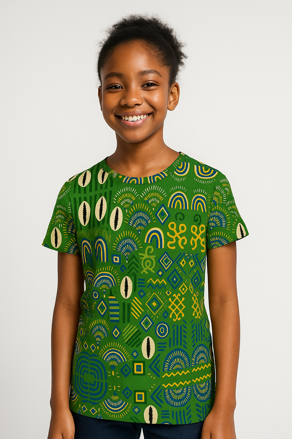 Jeune fille afro souriante portant le t-shirt manches courtes Mwana, imprimé aux couleurs vert, jaune et bleu, dans un studio neutre.