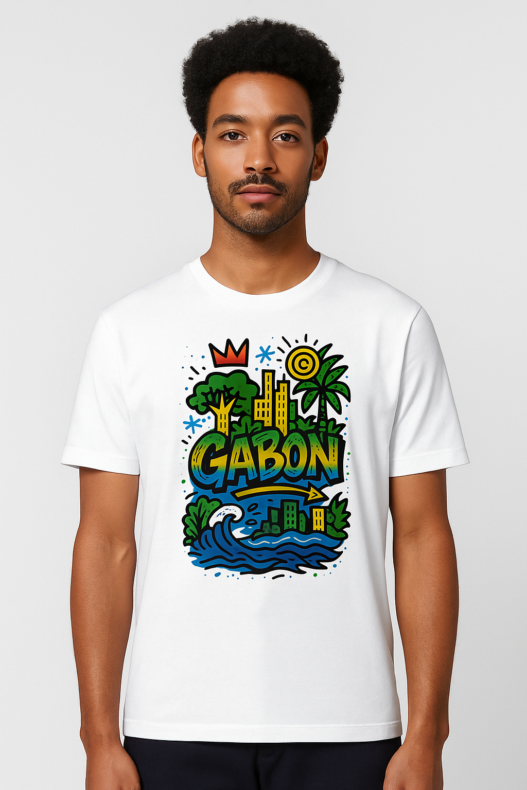 T-shirt blanc en coton biologique, imprimé coloré “GABON” inspiré du Gabon Luxe, coupe unisexe mode afro luxe.