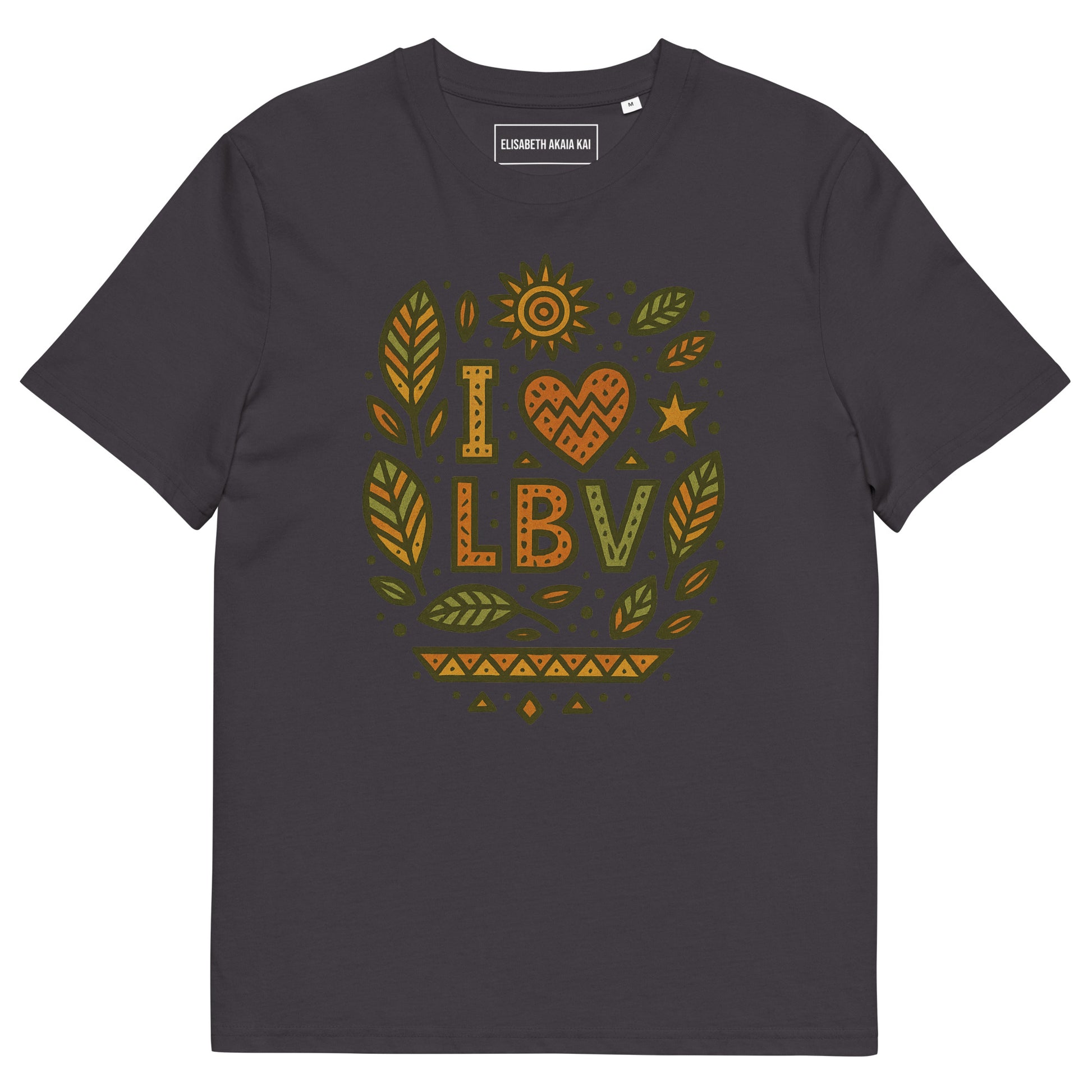 T-shirt anthracite en coton bio avec motif artistique “I ❤ LBV” et feuilles de badamier en vert et orange – Élisabeth Akaïa Kaï.