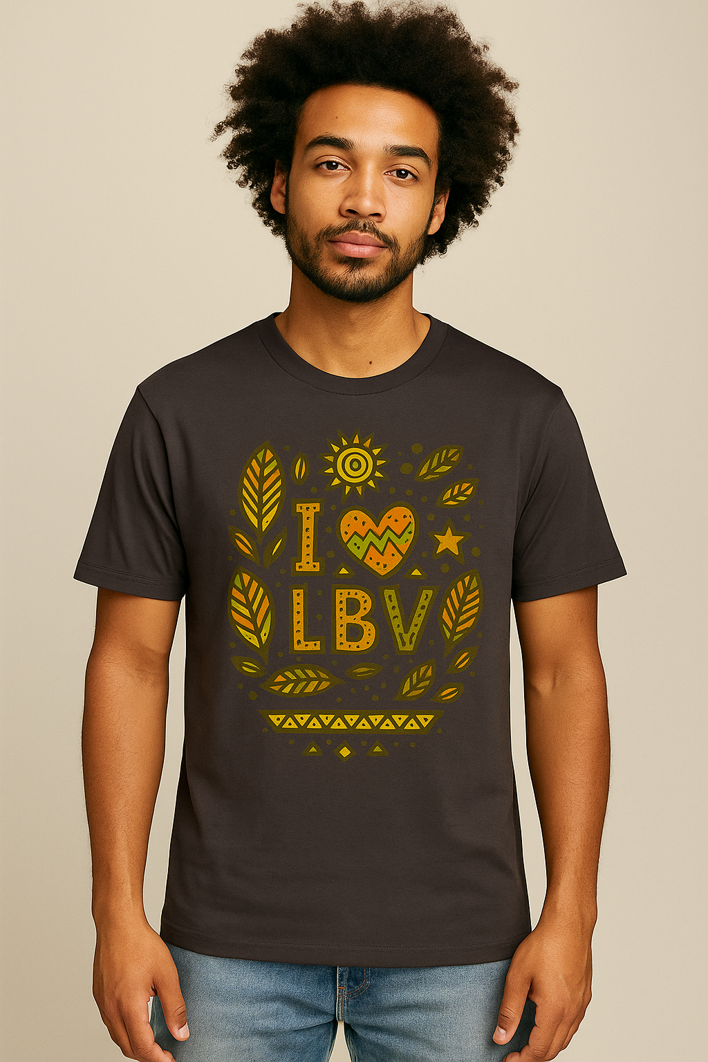 T-shirt anthracite en coton bio avec motif artistique “I ❤ LBV” et feuilles de badamier en vert et orange – Élisabeth Akaïa Kaï.