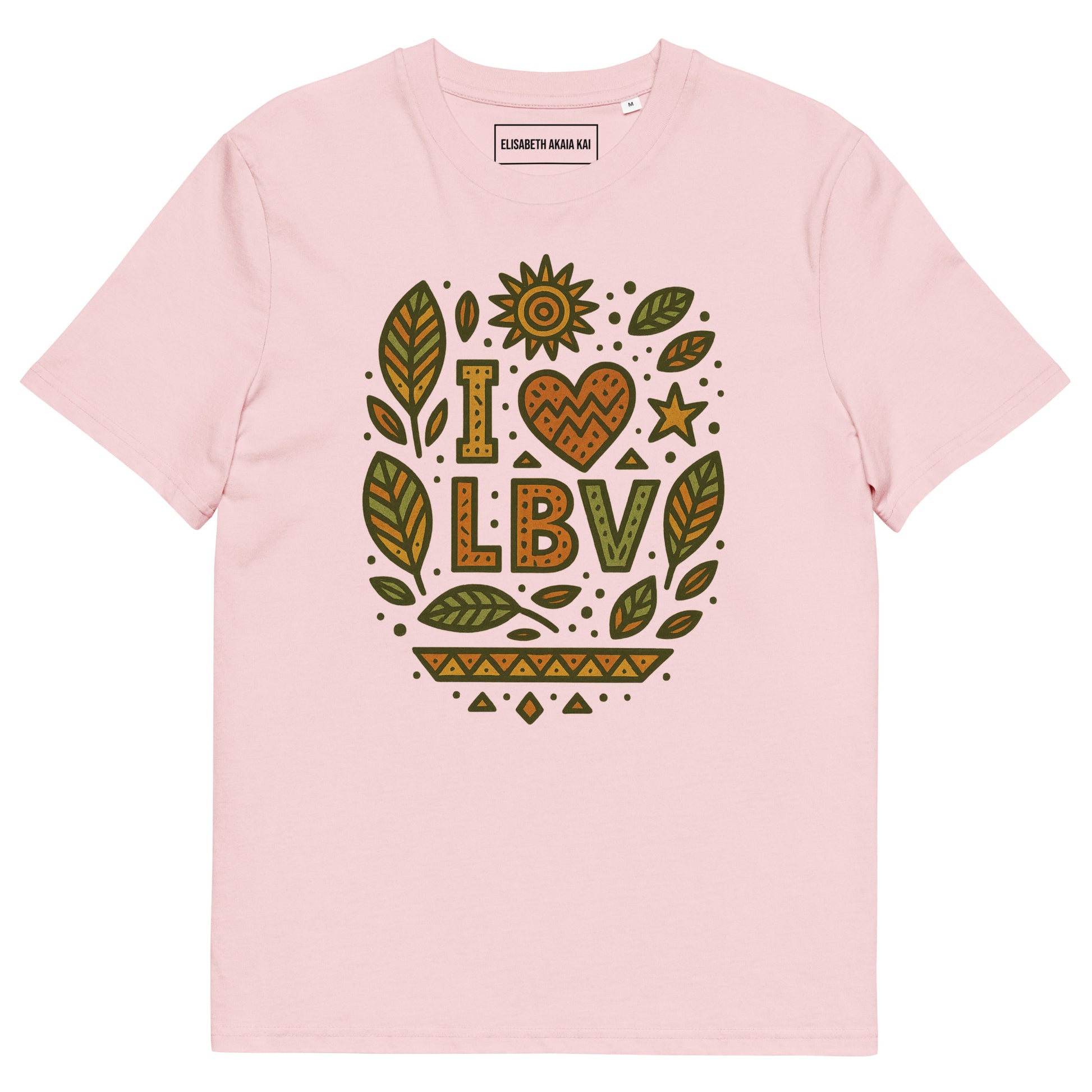 T-shirt rose coton bio avec motif artistique “I ❤ LBV” et design feuilles badamier en vert et orange.