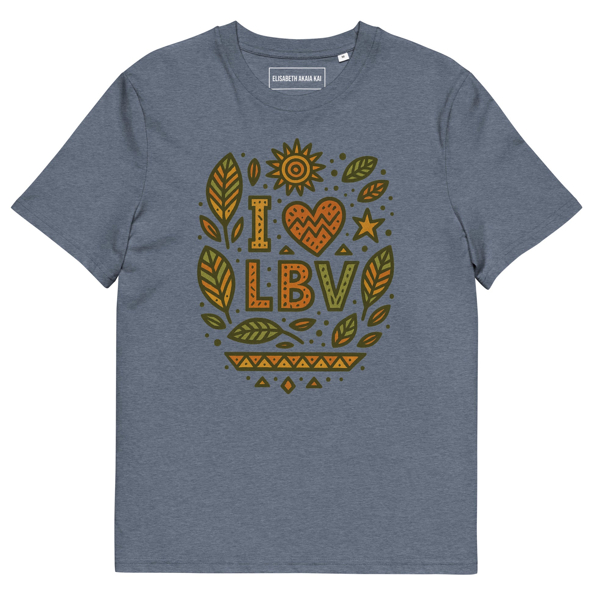 T-shirt bleu chiné foncé coton bio avec imprimé artistique “I ❤ LBV” inspiré des forêts et feuilles badamier.