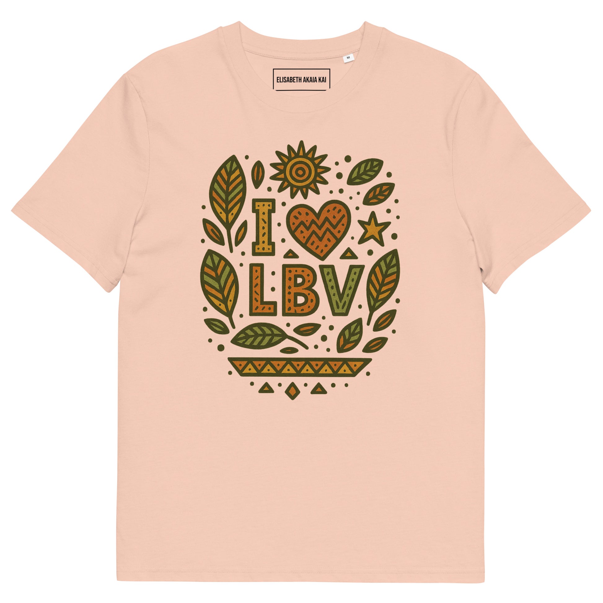 T-shirt pêche clair coton bio motif “I ❤ LBV” avec feuilles tropicales badamier stylisées – Afro Luxe.
