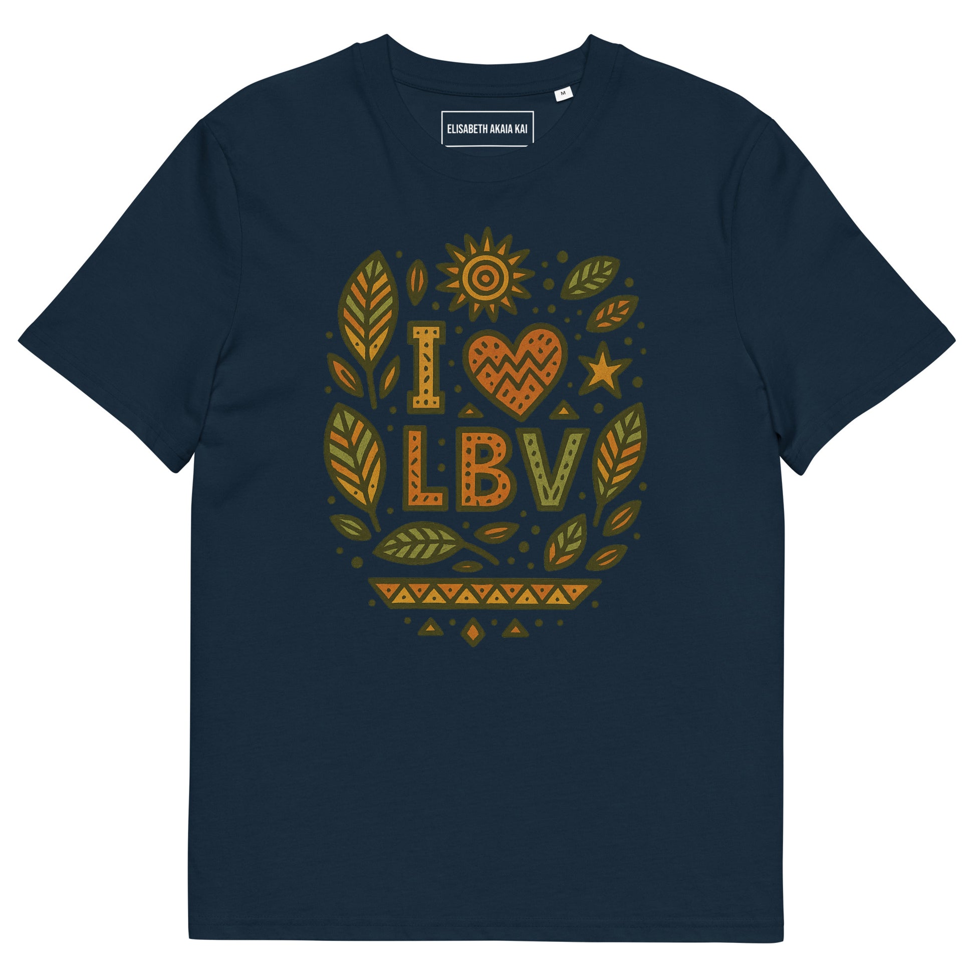 T-shirt bleu marine coton bio avec motif “I ❤ LBV” inspiré des feuilles de badamier – Élisabeth Akaïa Kaï.