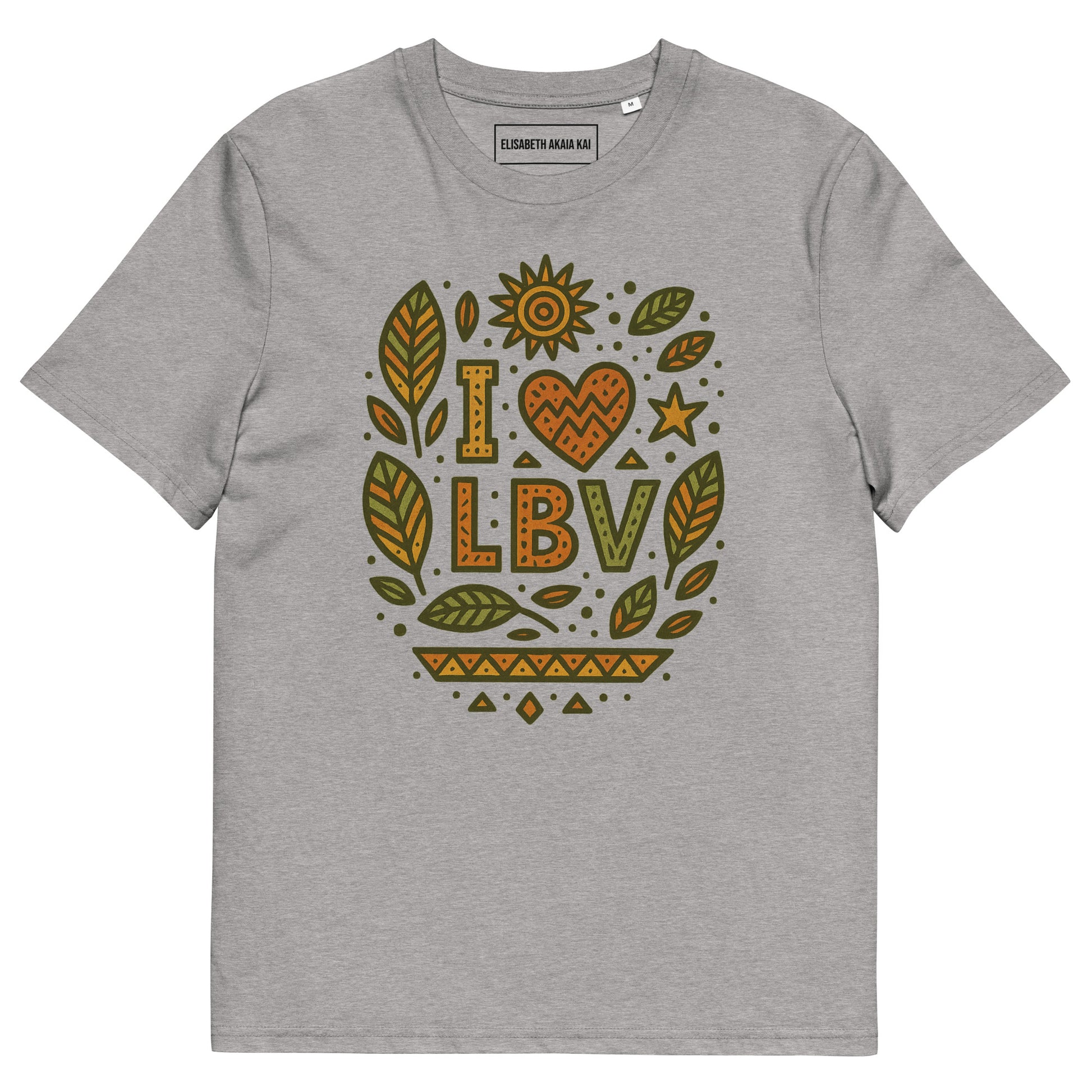 T-shirt gris chiné coton bio motif “I ❤ LBV” avec design feuilles de badamier – Élisabeth Akaïa Kaï.