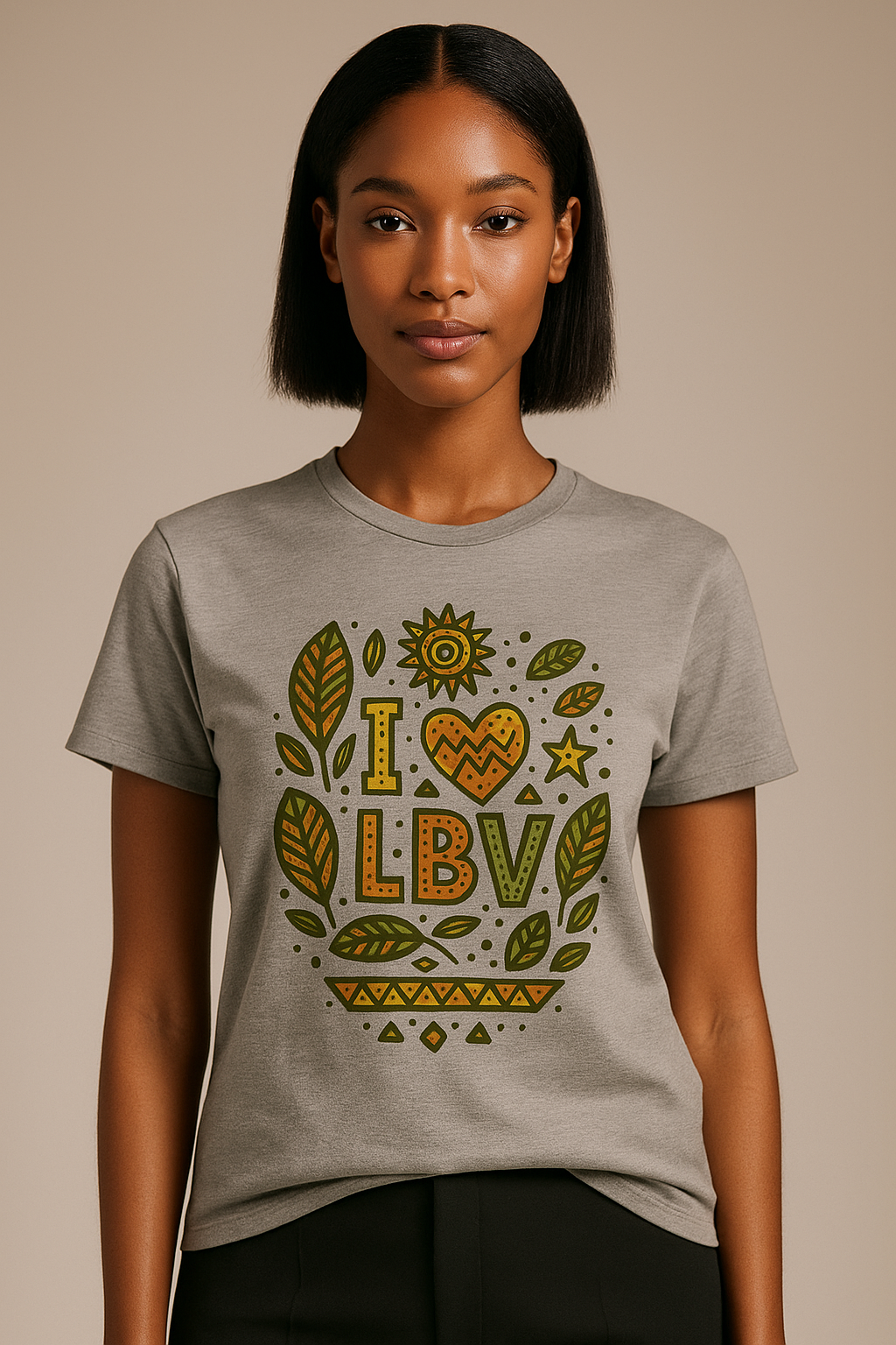 T-shirt gris chiné coton bio motif “I ❤ LBV” avec design feuilles de badamier – Élisabeth Akaïa Kaï.