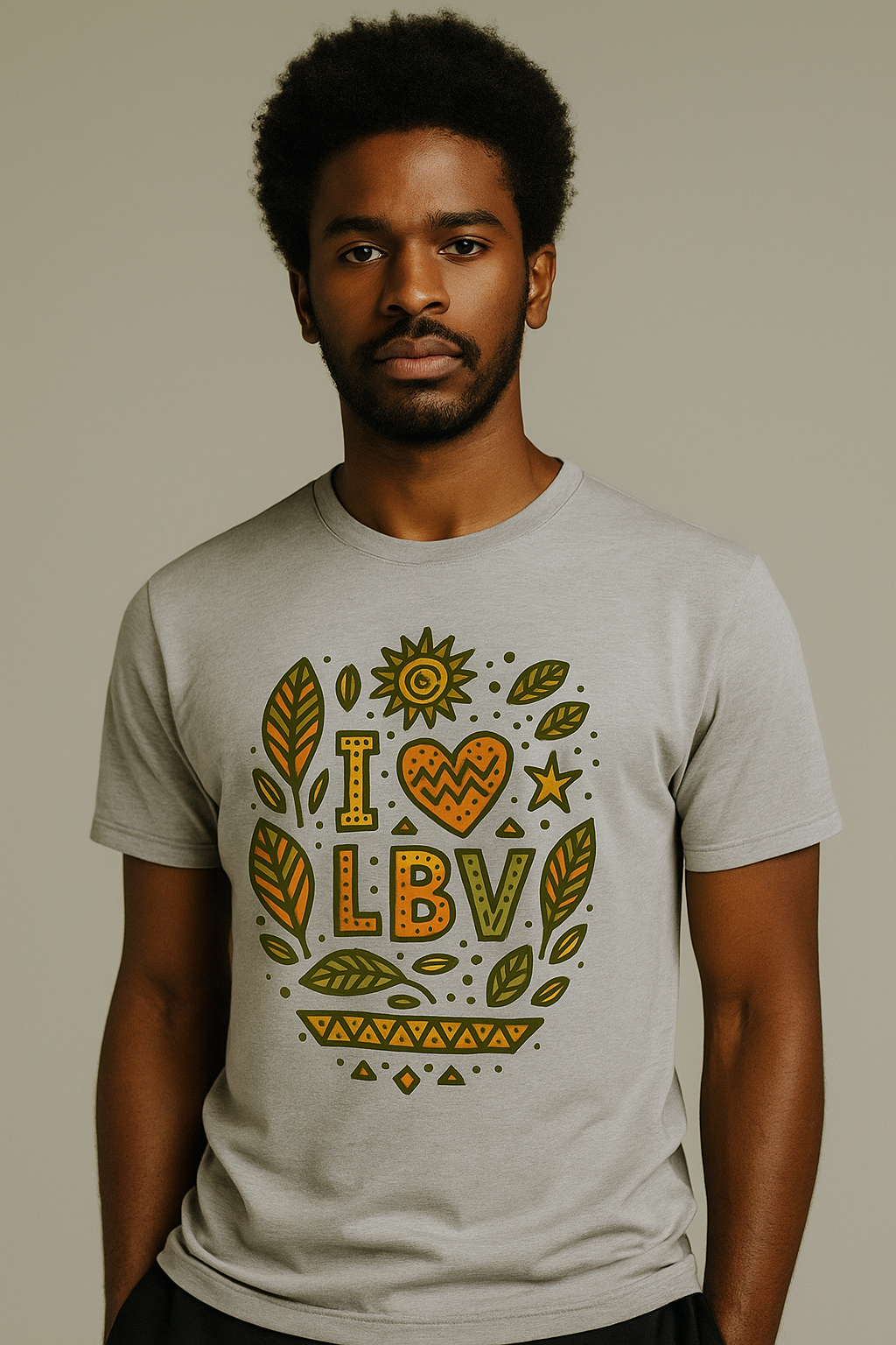 T-shirt gris chiné coton bio motif “I ❤ LBV” avec design feuilles de badamier – Élisabeth Akaïa Kaï.