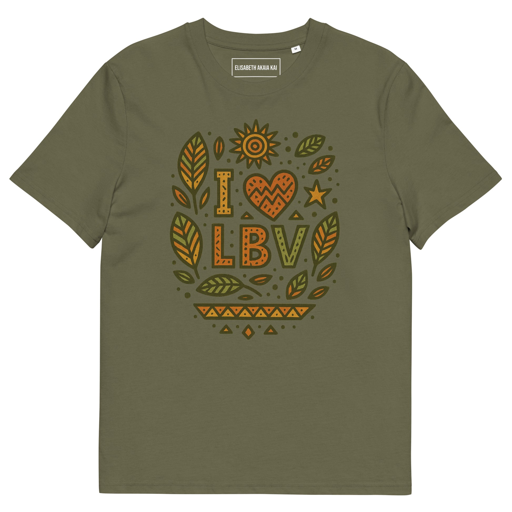 T-shirt kaki coton bio avec design “I ❤ LBV” et feuilles de badamier en teintes vertes et orange.