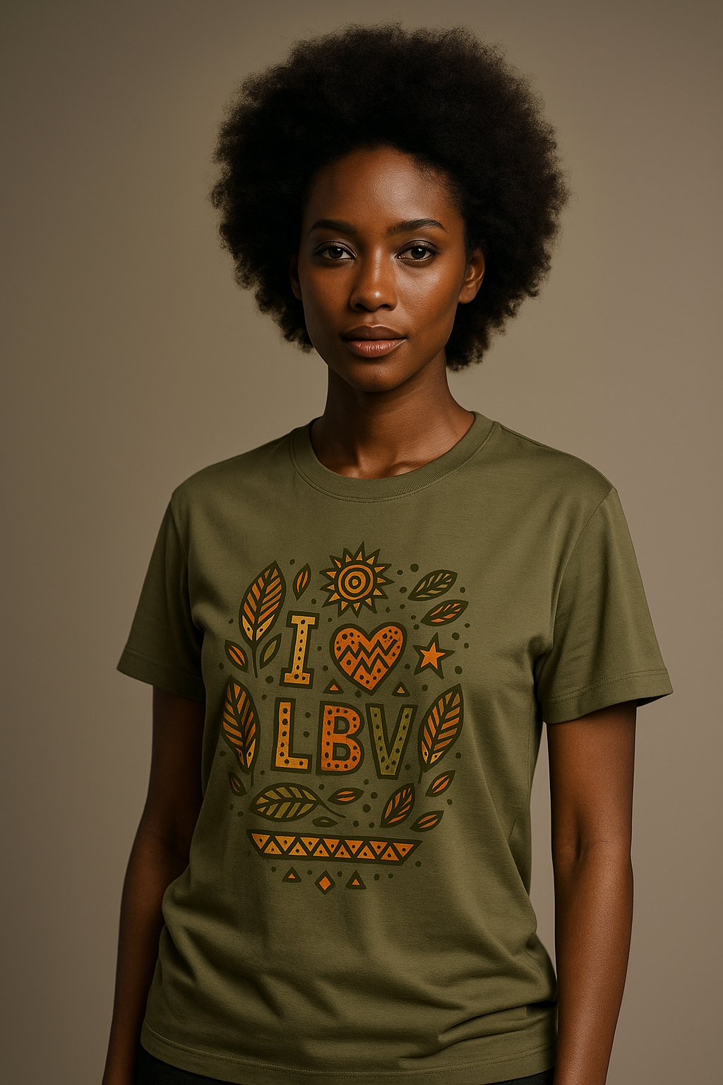 T-shirt kaki coton bio avec design “I ❤ LBV” et feuilles de badamier en teintes vertes et orange.