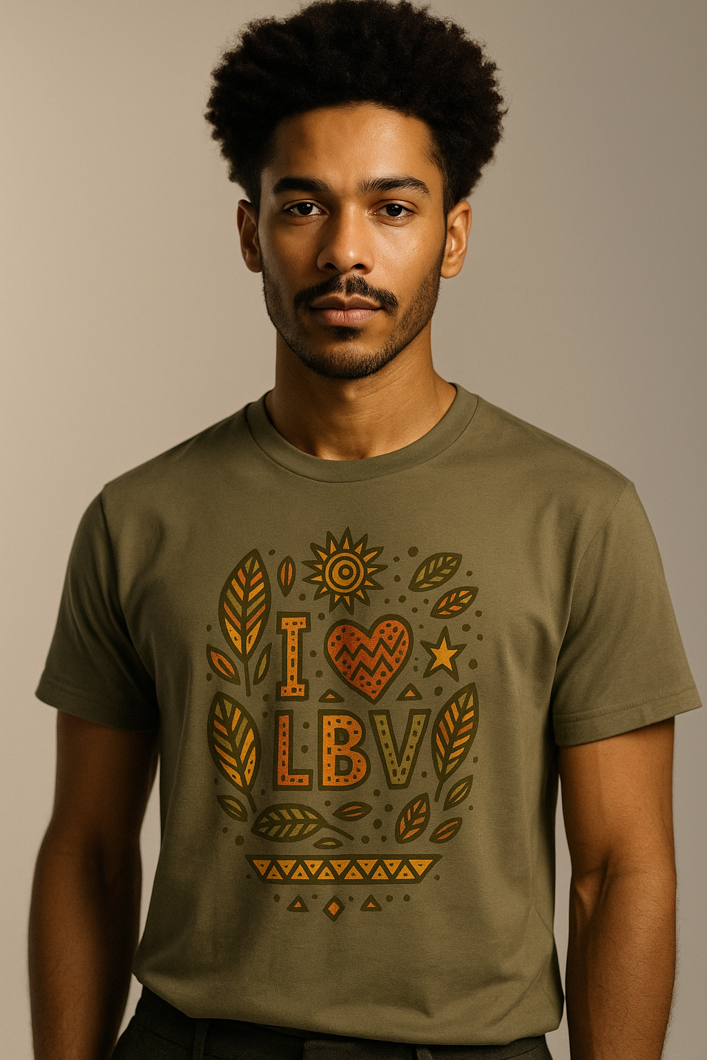 T-shirt kaki coton bio avec design “I ❤ LBV” et feuilles de badamier en teintes vertes et orange.