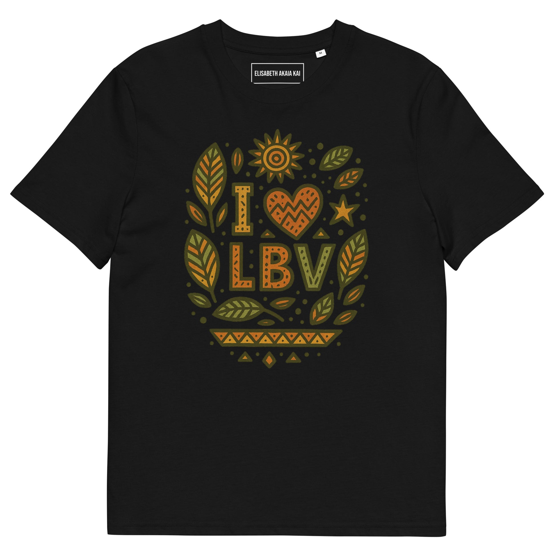 T-shirt noir en coton bio motif “I ❤ LBV” avec imprimé feuilles badamier vert et orange – mode afro-luxe.
