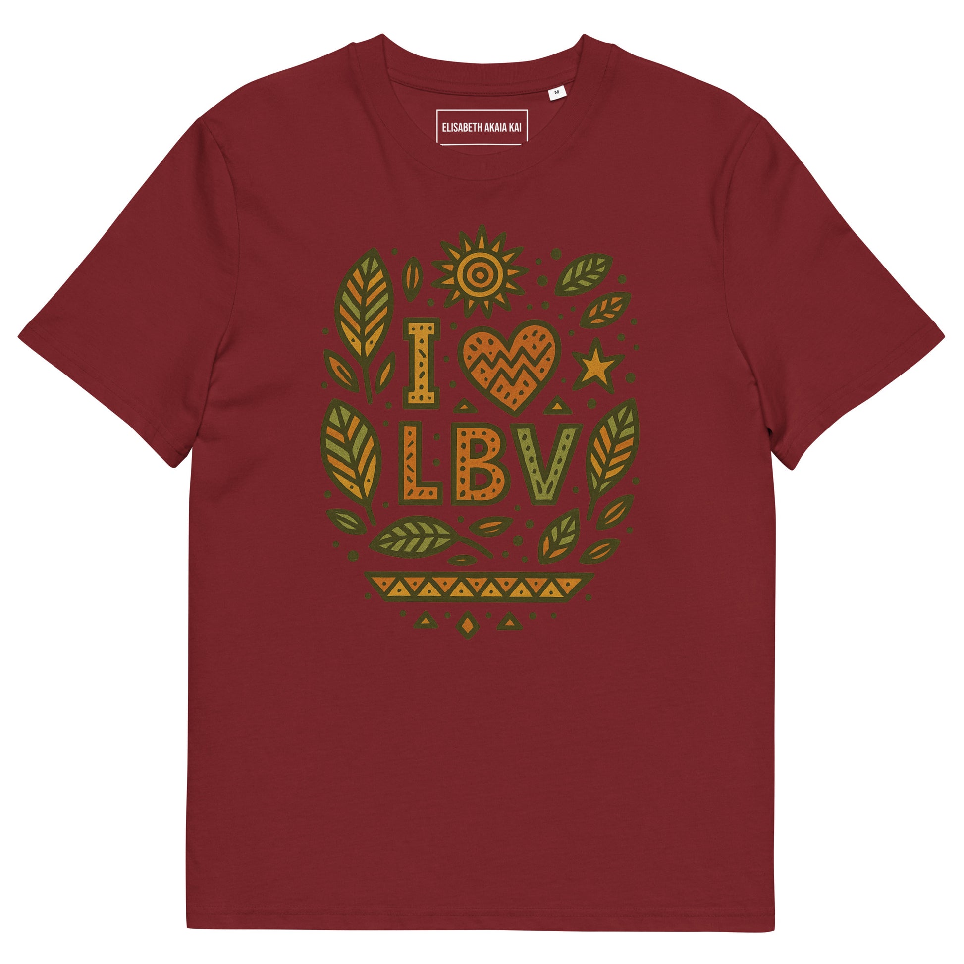 T-shirt rouge en coton biologique avec motif artistique “I ❤ LBV” et feuilles tropicales badamier.