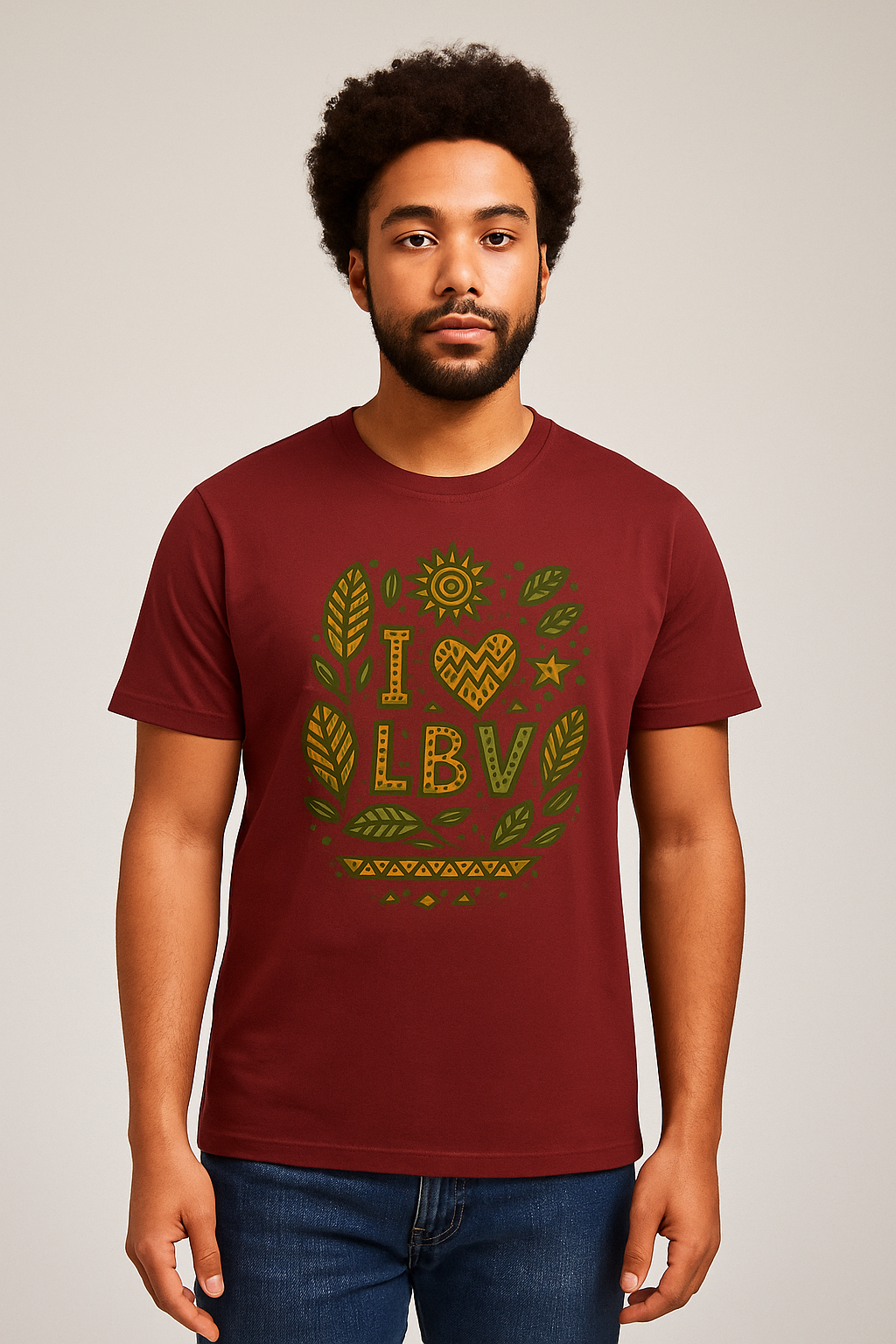 T-shirt rouge en coton biologique avec motif artistique “I ❤ LBV” et feuilles tropicales badamier.