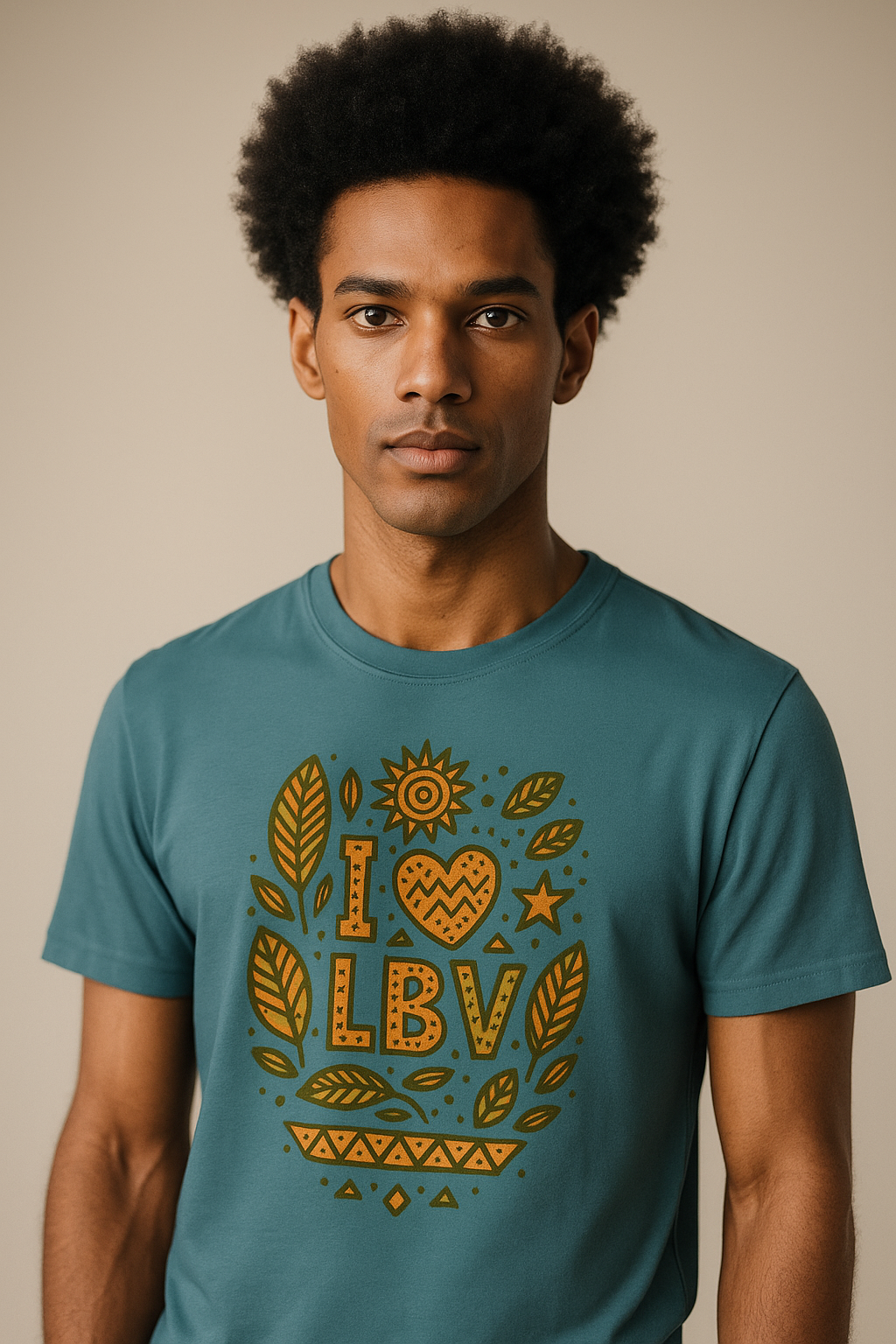 T-shirt bleu pétrole en coton bio avec imprimé “I ❤ LBV” et feuilles stylisées de badamier – mode afro chic.