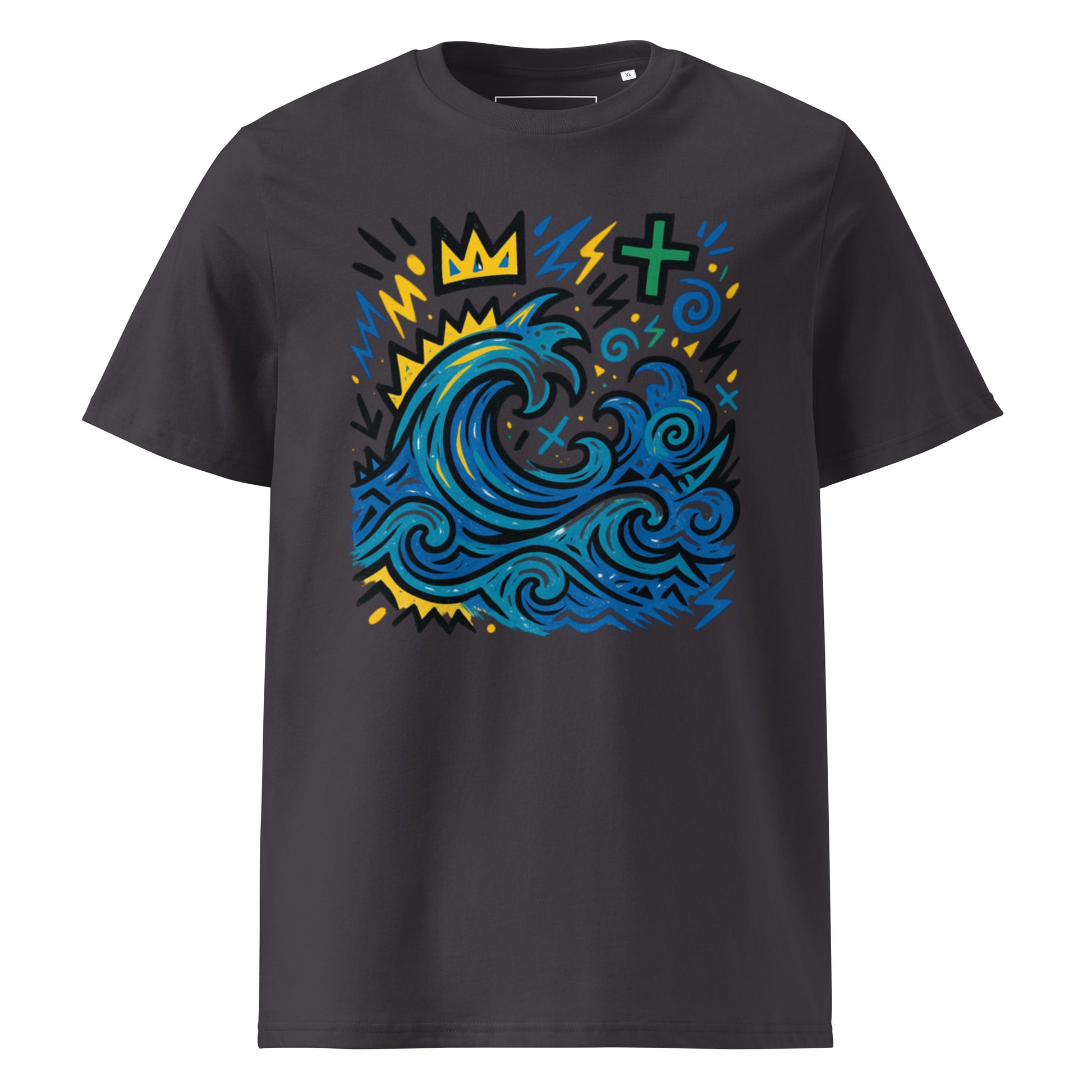 T-shirt Ondja anthracite unisexe coton biologique, imprimé vague bleue et couronne jaune, design exclusif Élisabeth Akaïa Kaï