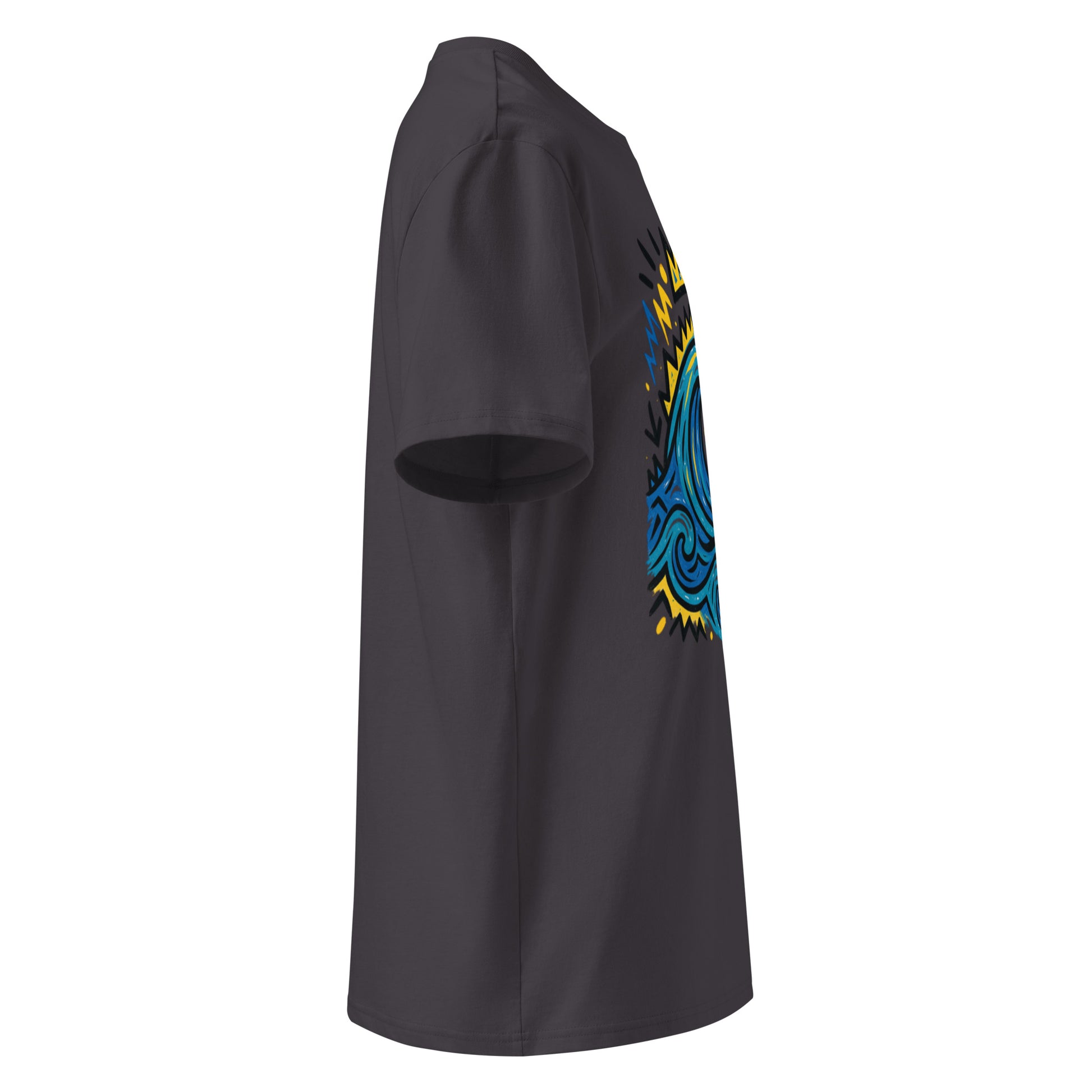 T-shirt Ondja anthracite unisexe coton biologique, imprimé vague bleue et couronne jaune, design exclusif Élisabeth Akaïa Kaï