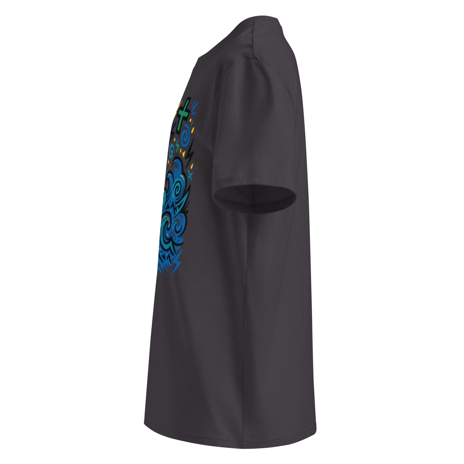 T-shirt Ondja anthracite unisexe coton biologique, imprimé vague bleue et couronne jaune, design exclusif Élisabeth Akaïa Kaï