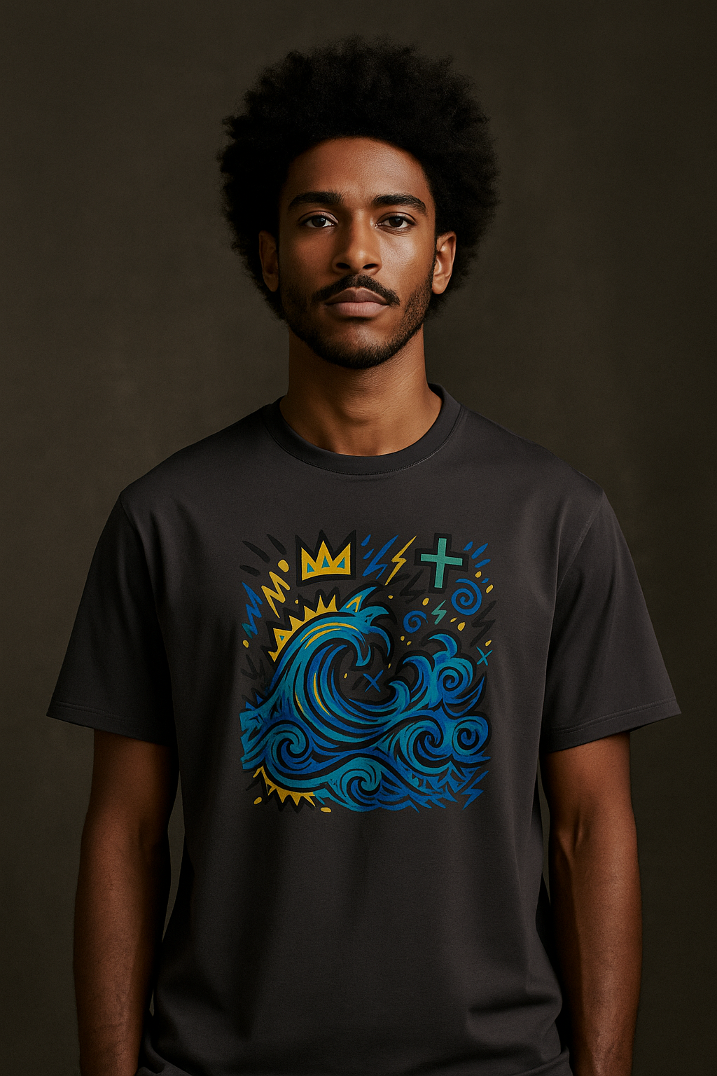 T-shirt Ondja anthracite unisexe coton biologique, imprimé vague bleue et couronne jaune, design exclusif Élisabeth Akaïa Kaï