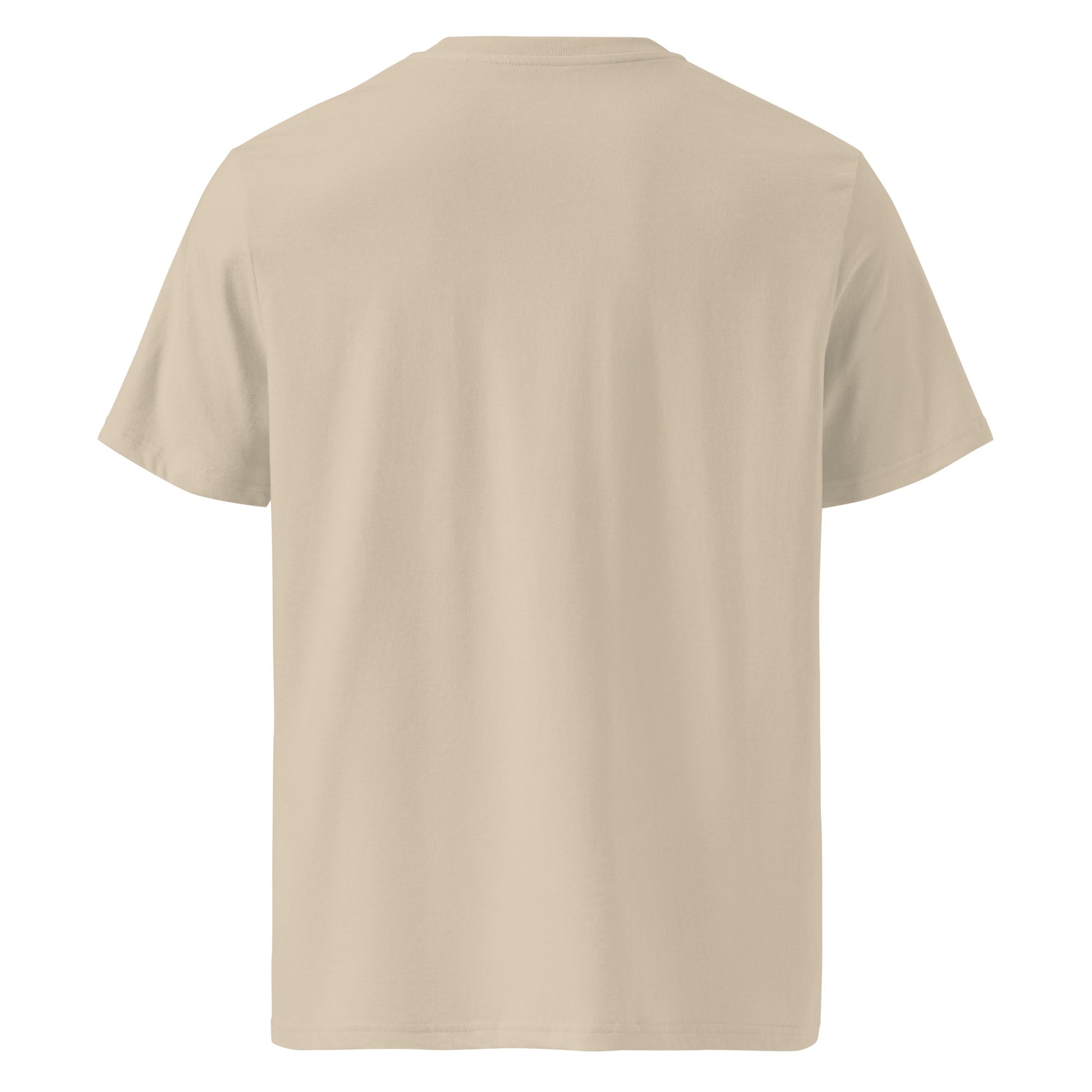 T-shirt Ondja beige sable unisexe coton bio certifié, imprimé artistique vague bleue et symboles graphiques, slow fashion afro luxe