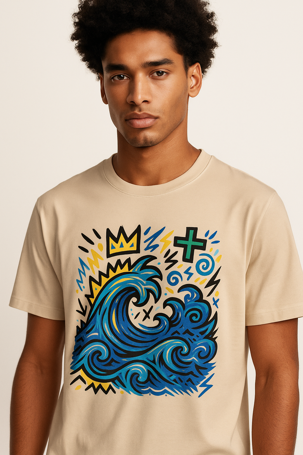 T-shirt Ondja beige sable unisexe coton bio certifié, imprimé artistique vague bleue et symboles graphiques, slow fashion afro luxe